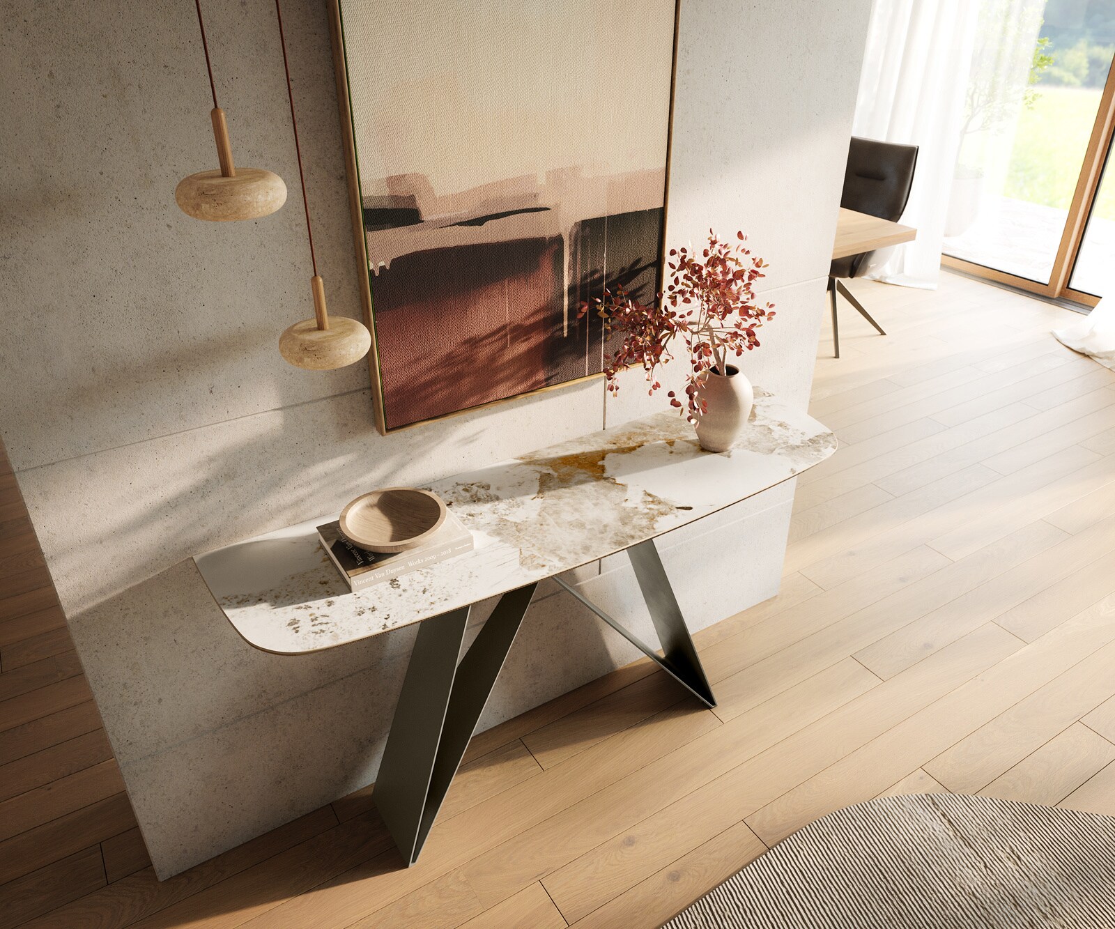 Konsolentisch Edge Boot 140x40 cm Keramik Minas Melange Weiß-Beige Velio Metall Effektfinish Titan 1