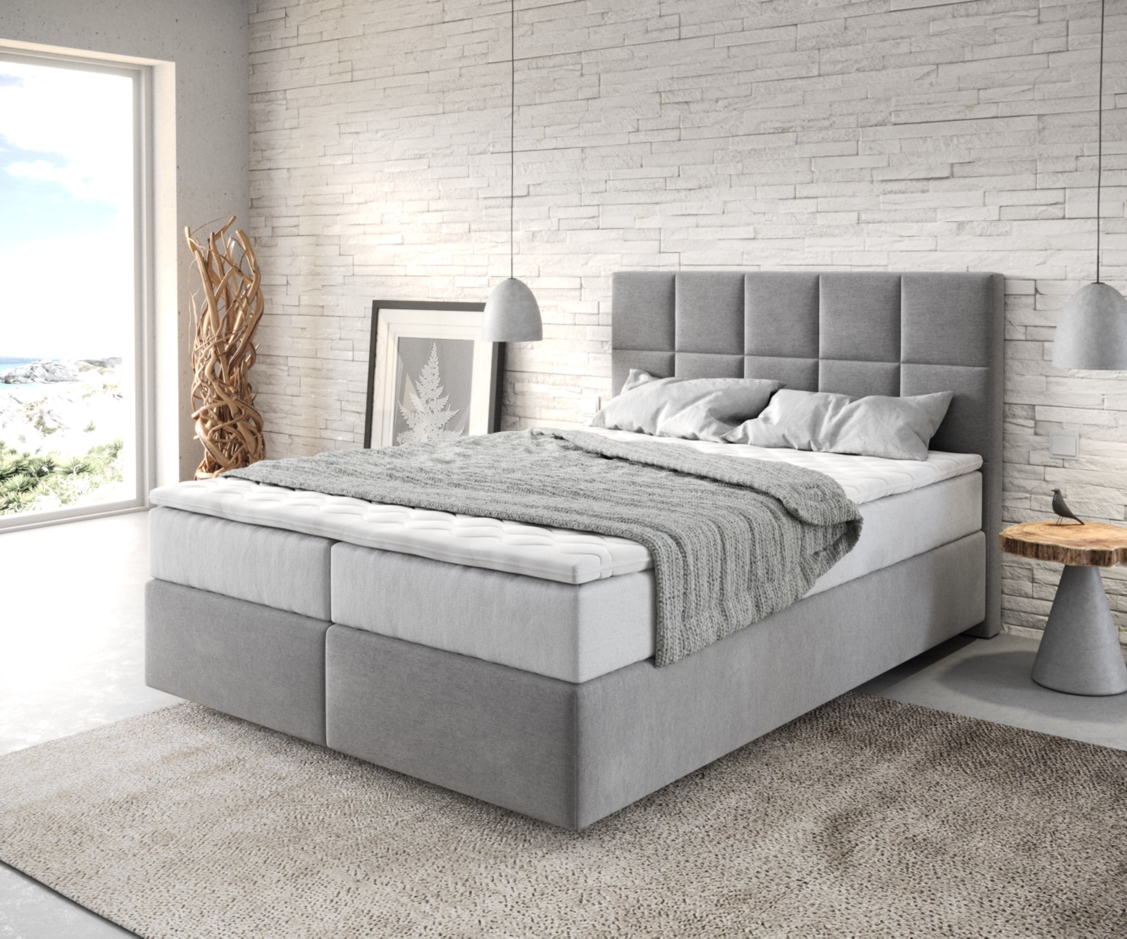 Boxspringbett Dream-Fine 140x200 cm Mikrofaser Grau mit TFK Matratze und Visco Topper