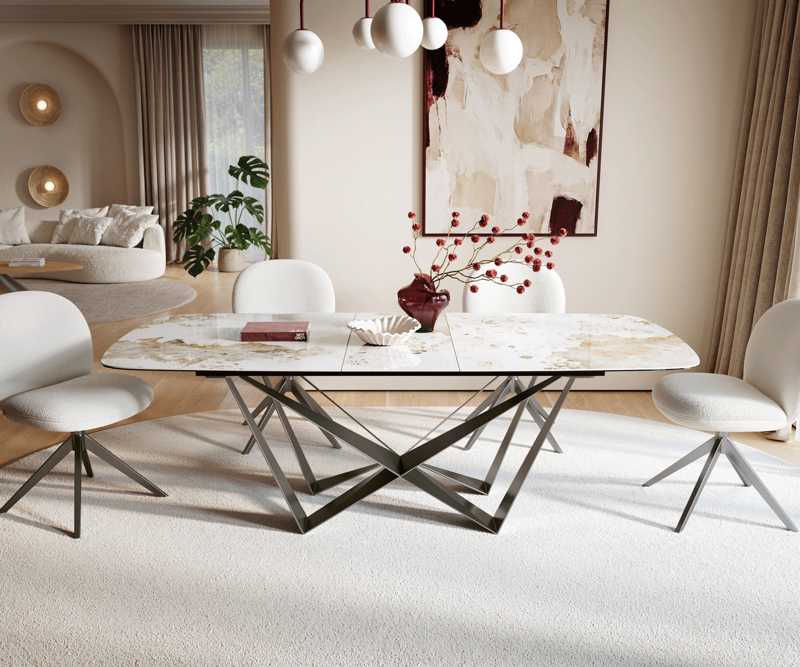 Esstisch Edge Boot 180-220x100 cm Keramik Minas Melange Weiß-Beige Spider Flachstahl Edelstahl Graphit ausziehbar 1