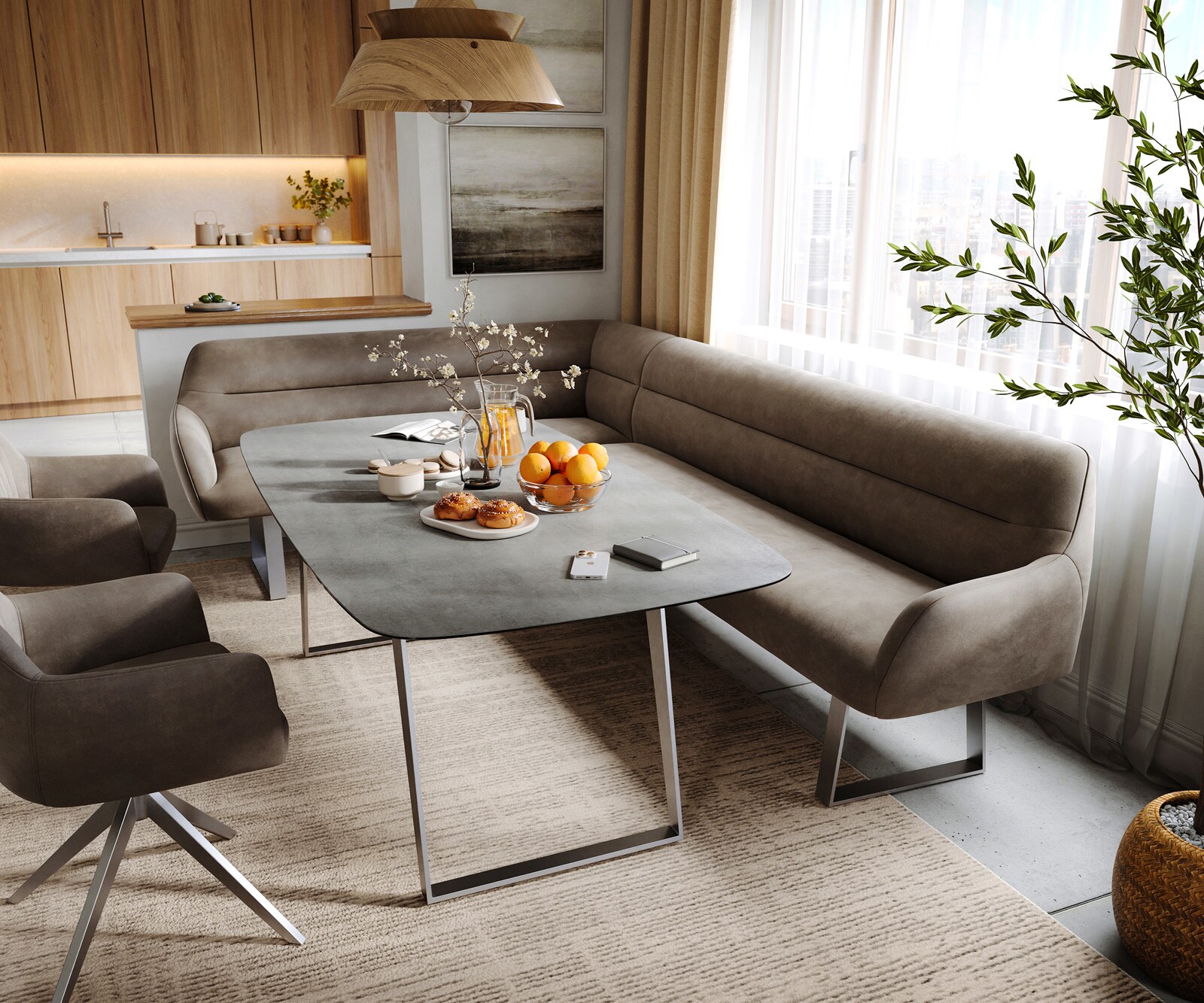 Esszimmerbank Taya-Flex 285x190 cm Mikrofaser Taupe Vintage Kufengestell kantig Edelstahl Taschenfederkern Rechts