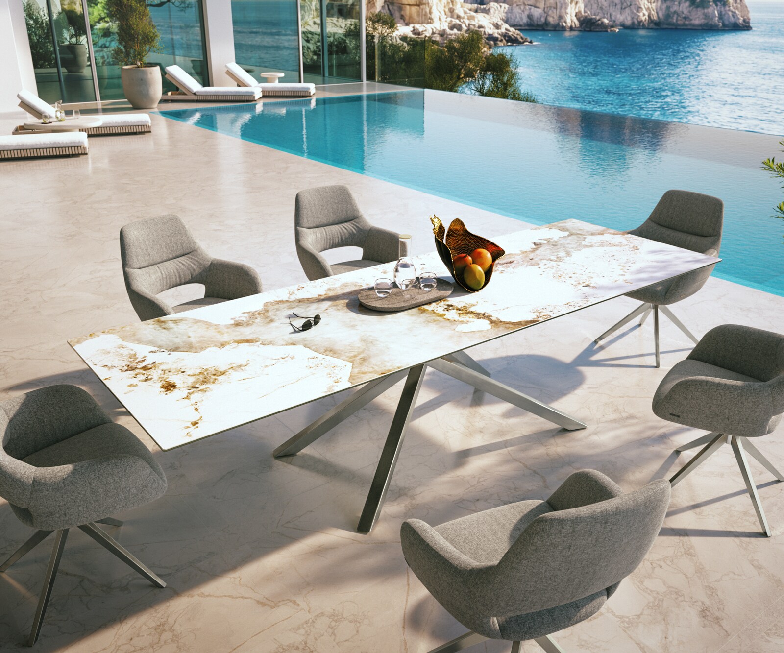 Outdoortisch Edge 300x100 cm Keramik Minas Melange Weiß-Beige Kreuzgestell Rechteck Edelstahl 3