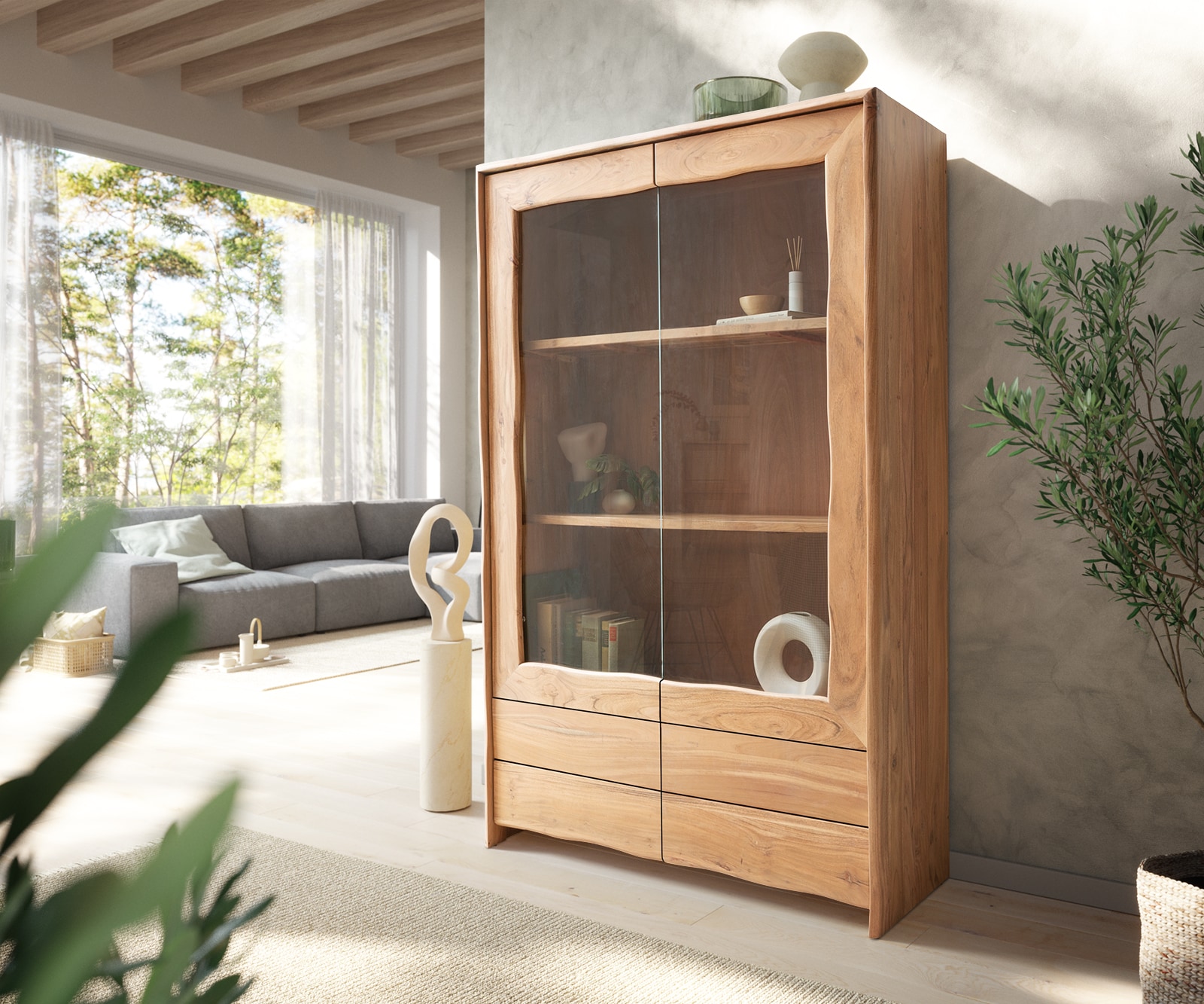 Vitrine Live-Edge 120x190 cm Akazie Natur 2 Türen 4 Schubladen Massiv Vitrine Live-Edge 120x190 cm Akazie Natur 2 Türen 4 Schubladen Massiv