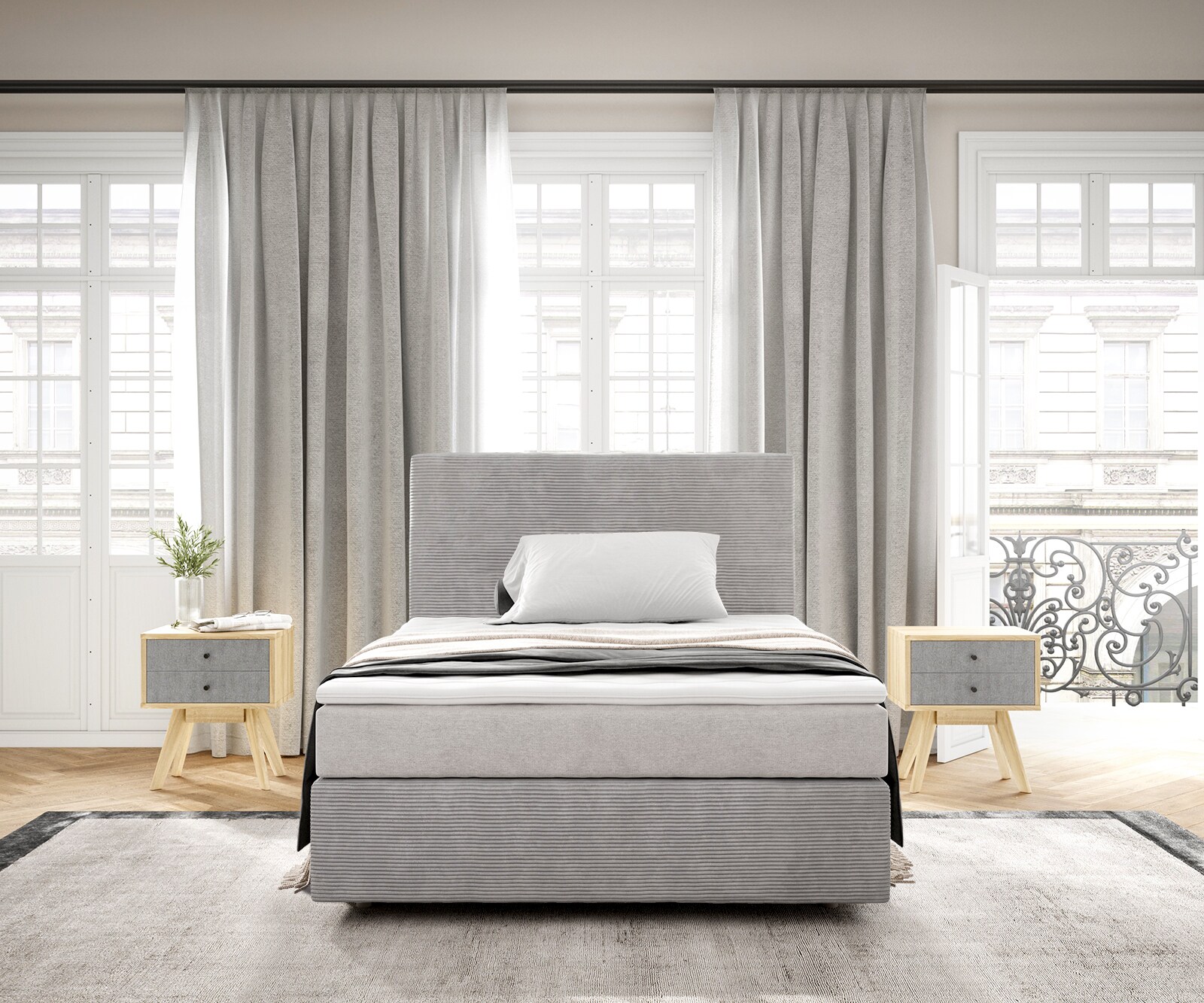Boxspringbett Dream-Well 120x200 cm Cord Silbergrau mit Taschenfederkernmatratze und Topper Visco 1