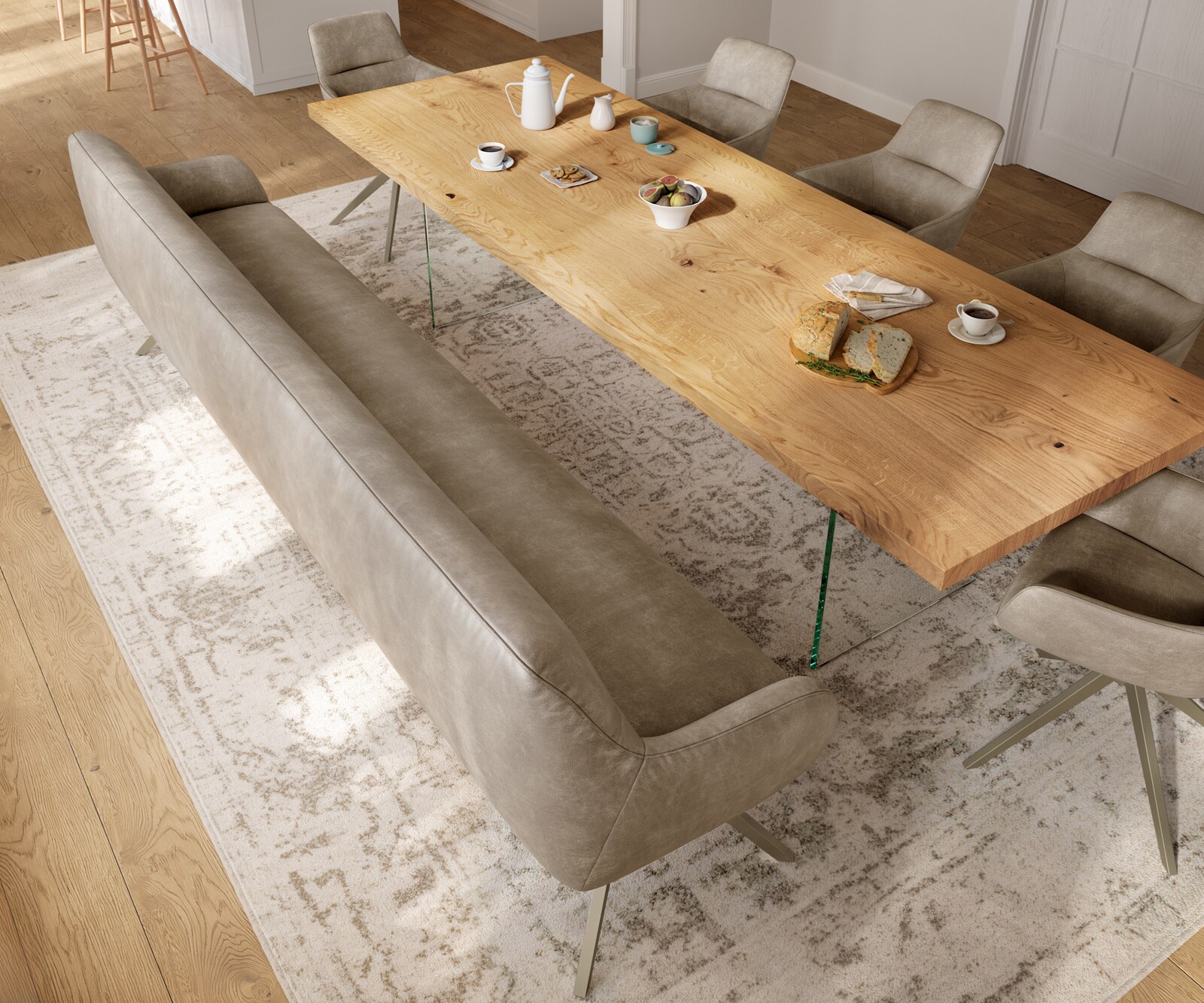 Esszimmerbank Taya-Flex 300 cm Mikrofaser Beige Vintage Kreuzgestell kantig Effektfinish Titan Taschenfederkern 3
