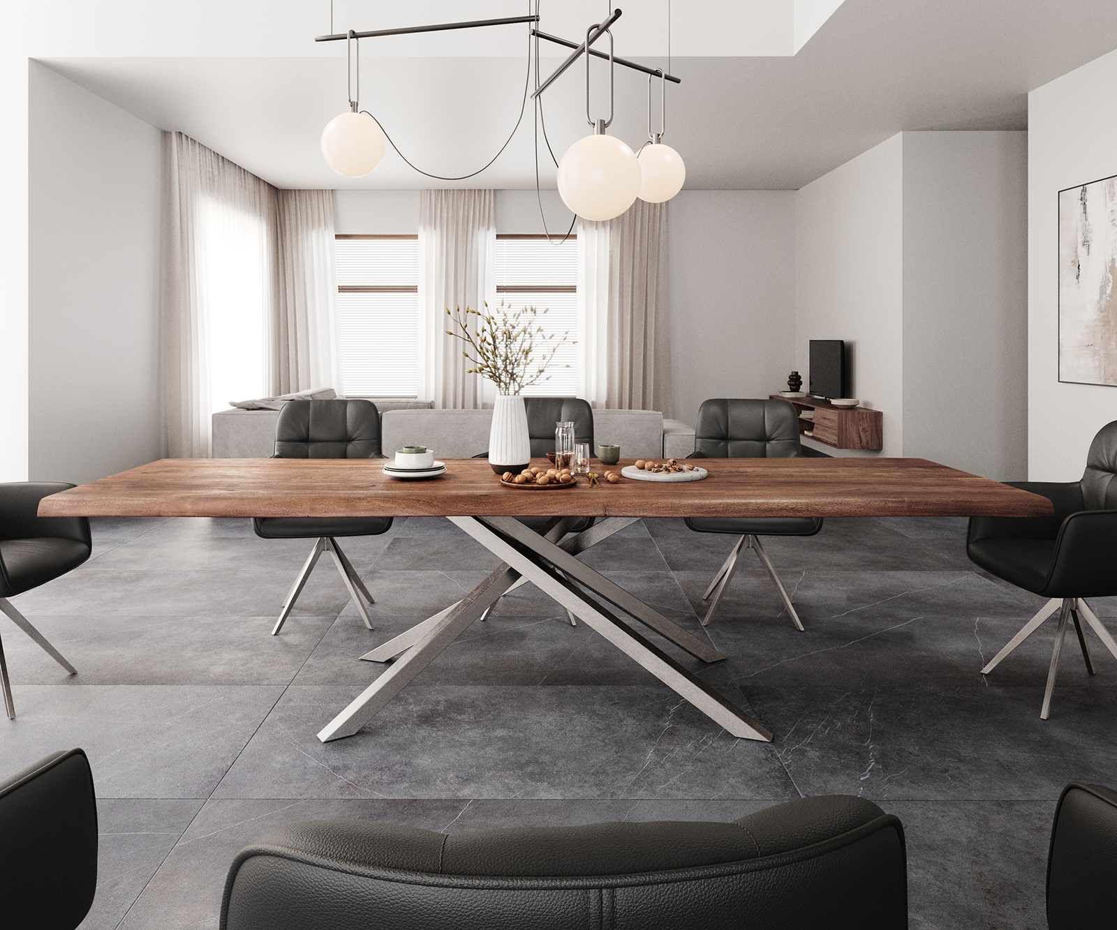 Esstisch Edge 300x100 XL Akazie Braun Kreuzgestell Rechteck Edelstahl Live-Edge 2