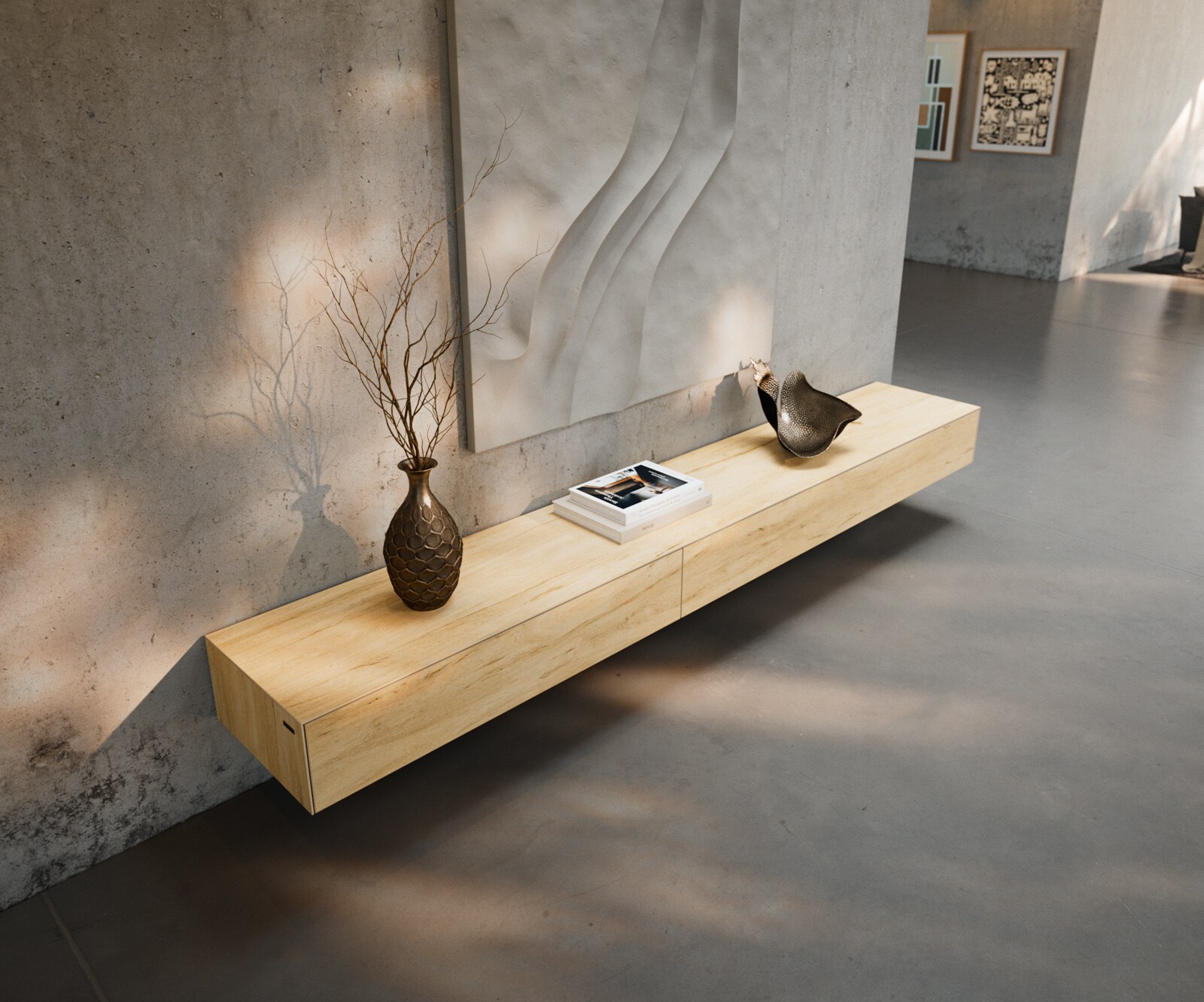 Lowboard Cuor 250 cm Keramik Laminam® Sabbia Eichefarbig 1 Klappe 1 Schubfach Schwebend 4