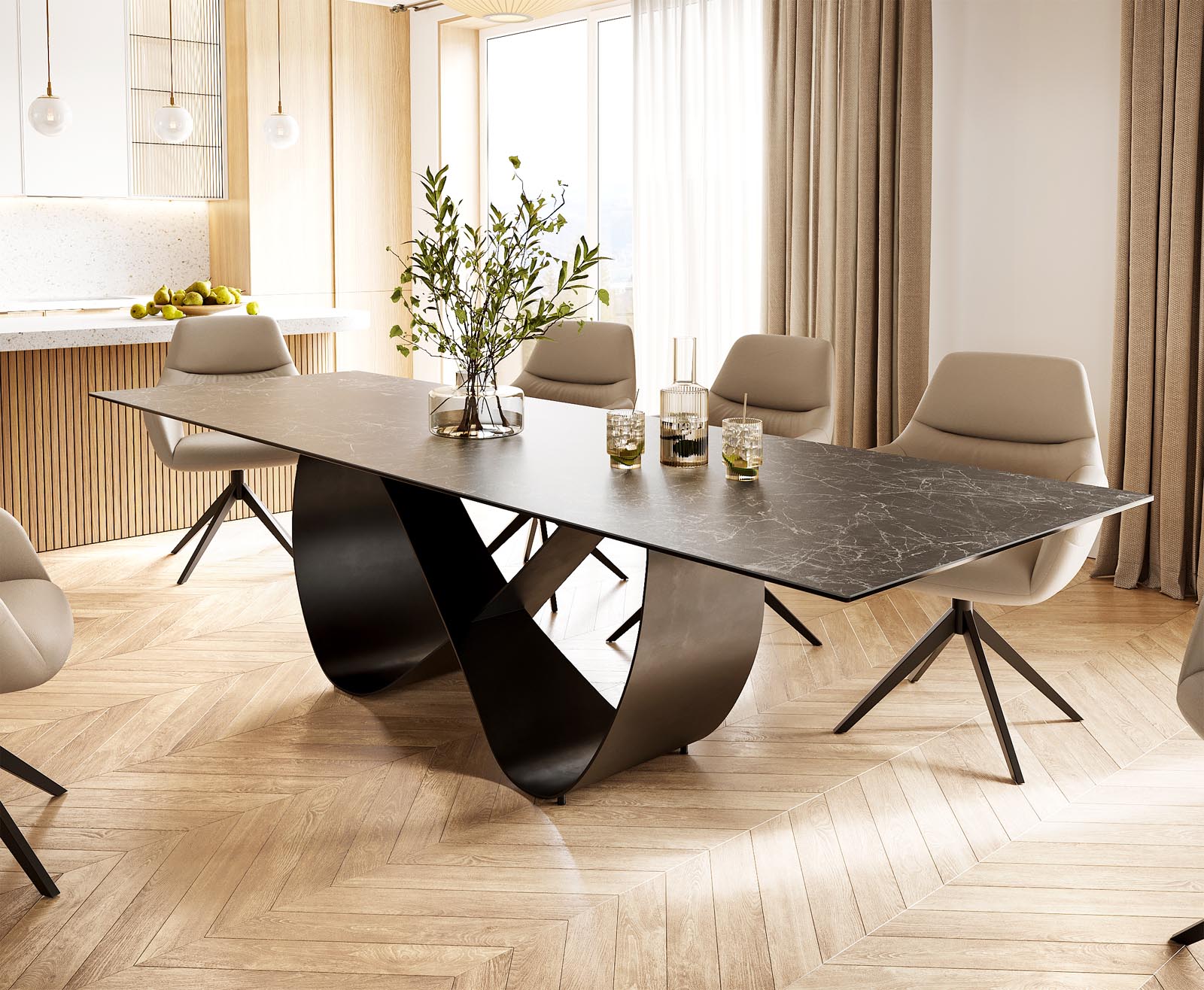 Esstisch Edge 300x100 Keramik Laminam® Nero Greco Anthrazit Infinity Metall Schwarz