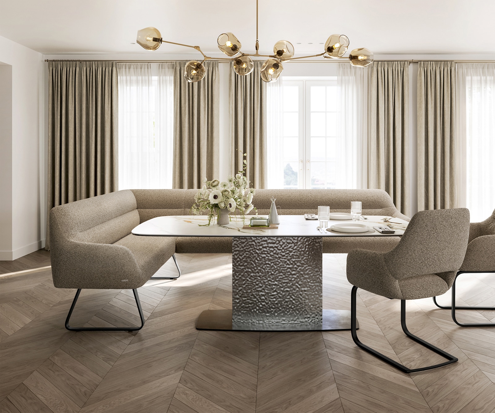 Esszimmerbank Taya-Flex 285x190 cm Bouclé Schlamm Kufengestell flach Schwarz Taschenfederkern Rechts 1