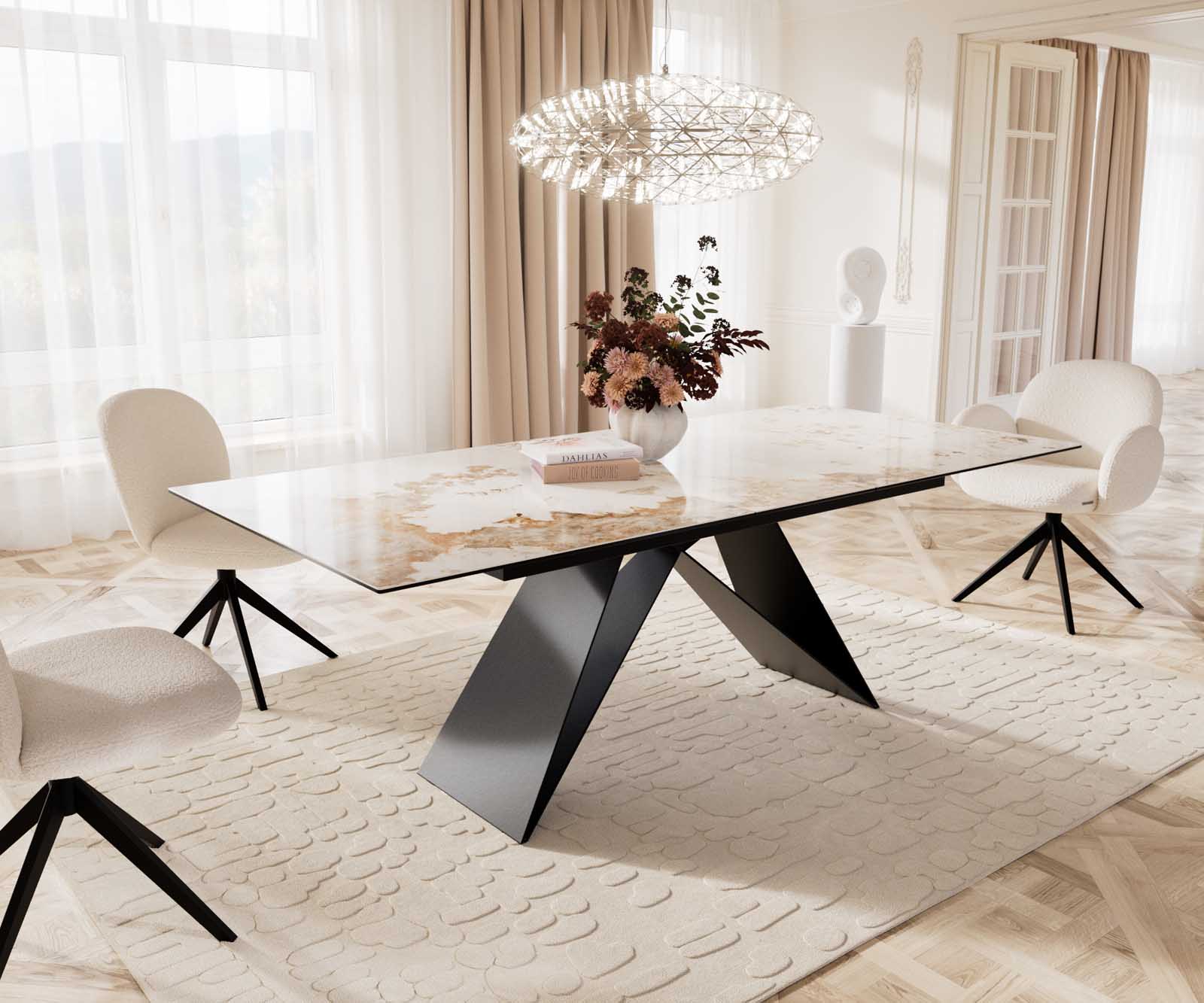 Esstisch Edge 180-220x100 Keramik Minas Melange Weiß-Beige V-Gestell Flachstahl Schwarz ausziehbar 1