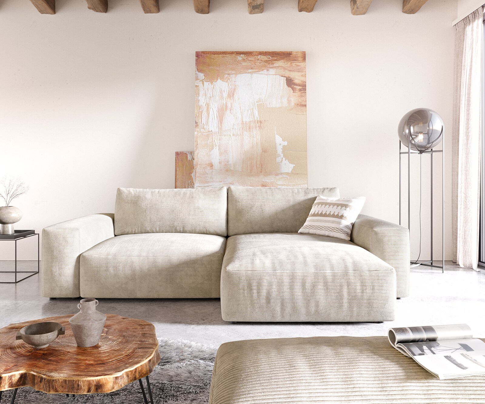Ecksofa Lanzo XL 270x180 cm Cord Beige Recamiere variabel mit Hocker 1