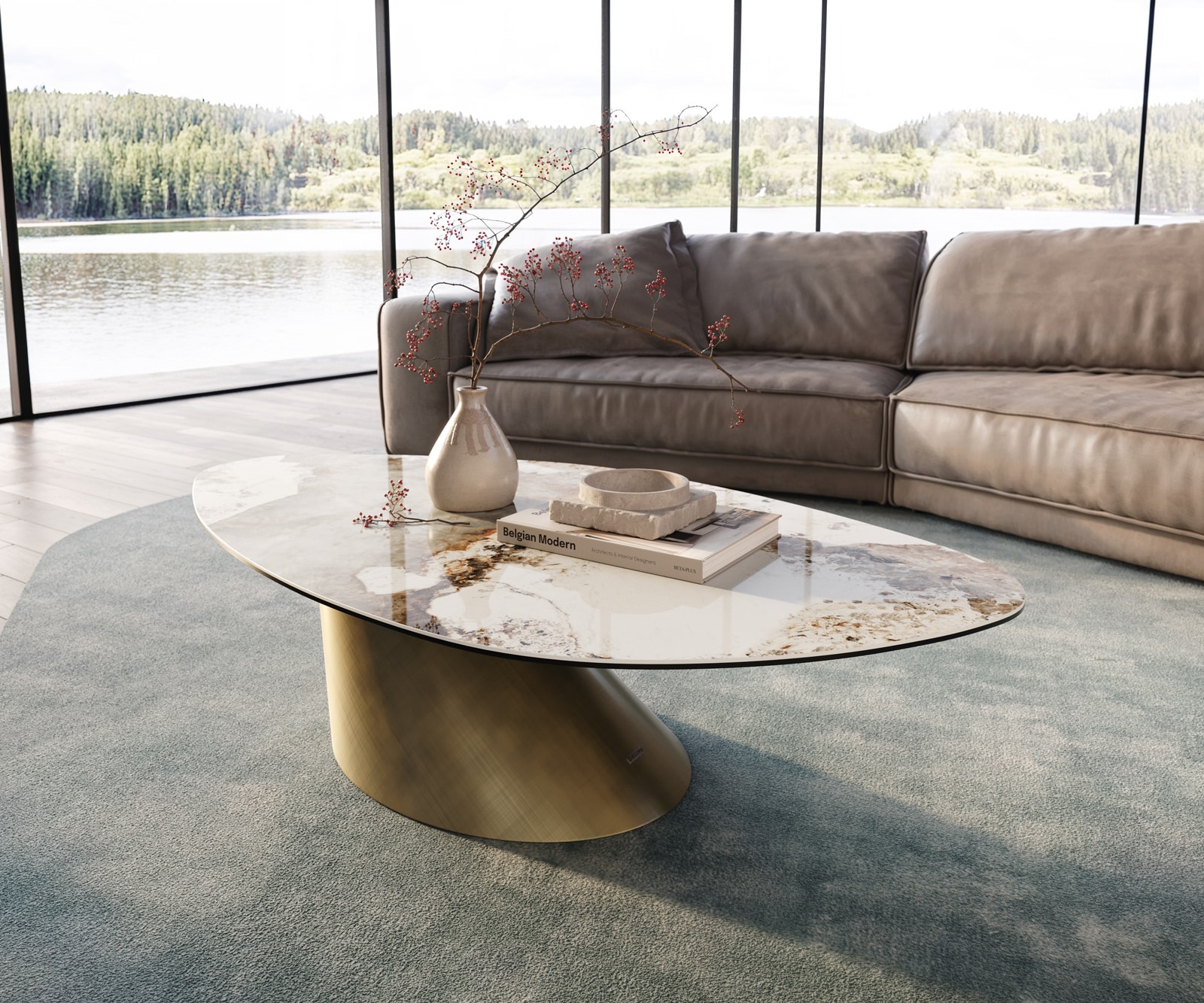 Wohnzimmertisch Edge Organisch 140x76 cm Keramik Minas Melange Conis Metallic Gold
