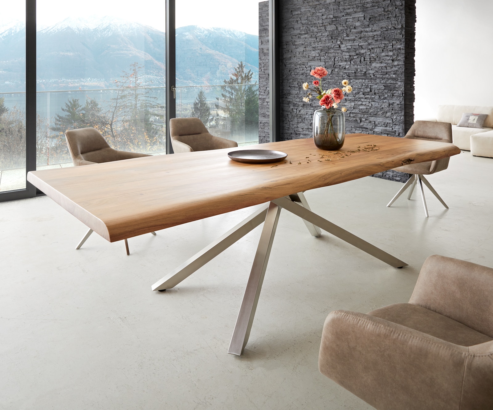 Esstisch Edge 260x100 XL Akazie Natur Kreuzgestell Rechteck Edelstahl Live-Edge