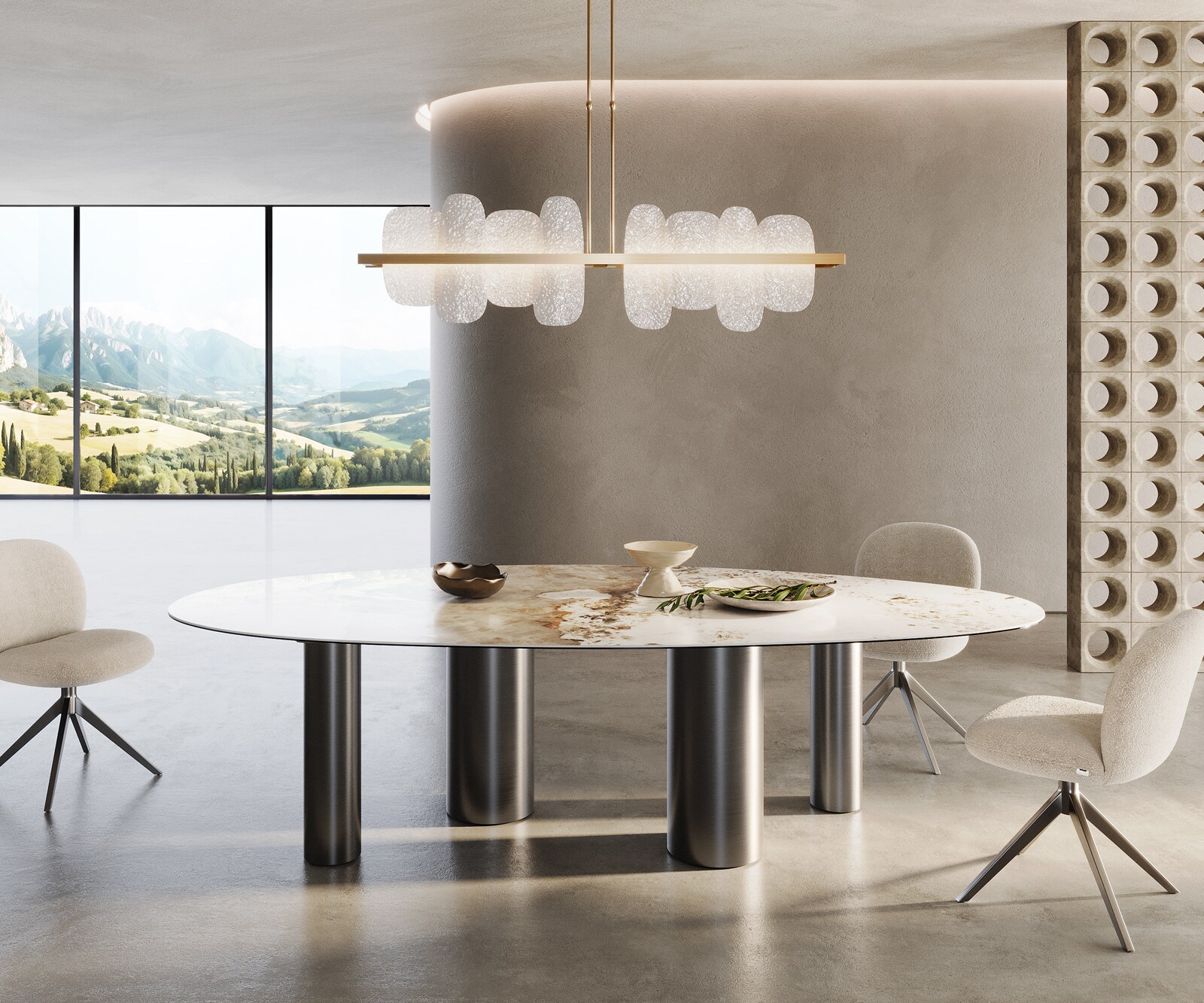 Esstisch Edge Oval 280x130 Keramik Minas Melange Weiß-Beige Pilier Edelstahl Graphit 1