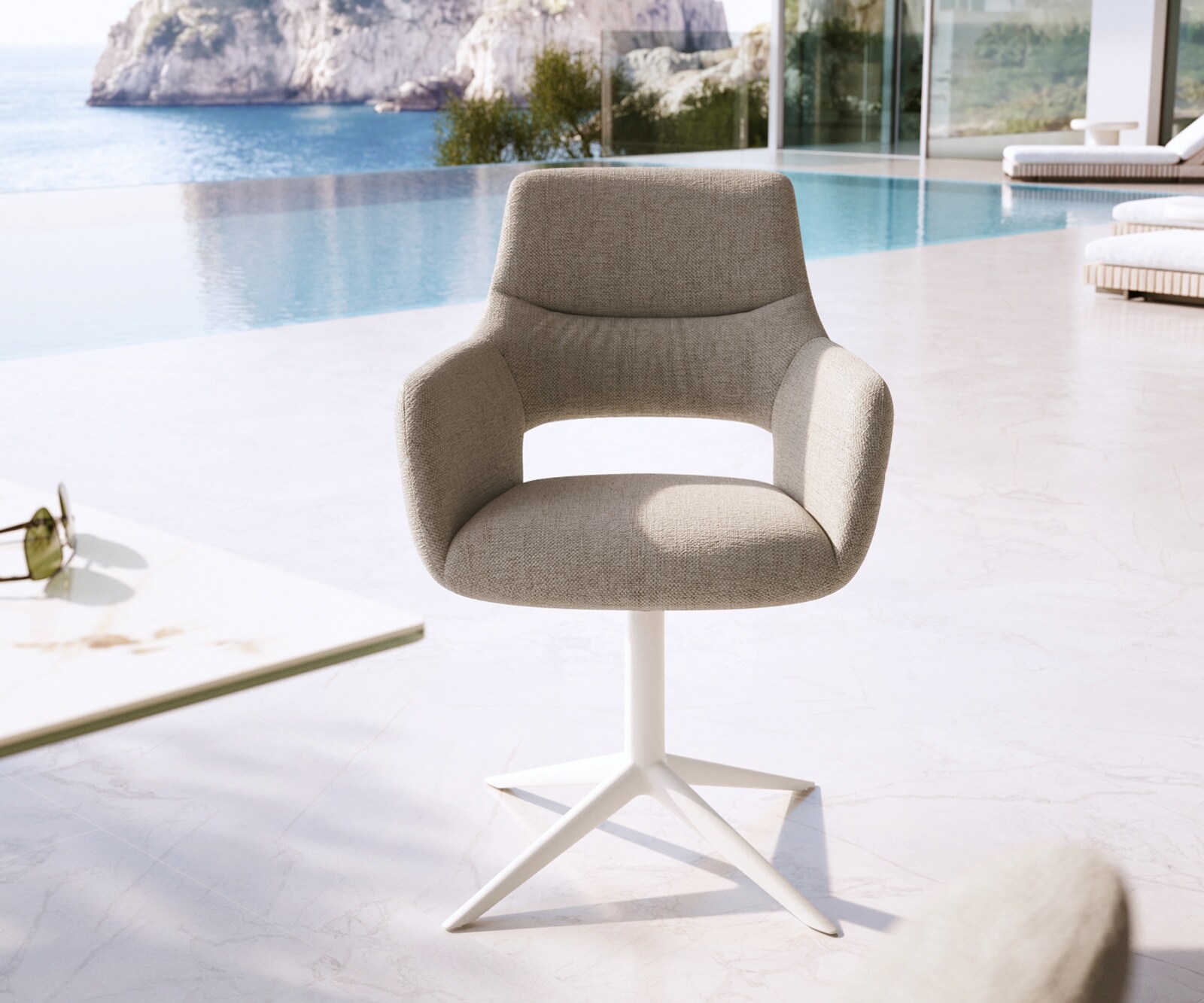 Outdoorstuhl Yago-Flex mit Armlehnen Strukturstoff Grau-Weiß Fußkreuz Weiß 360° drehbar Wippfunktion 1