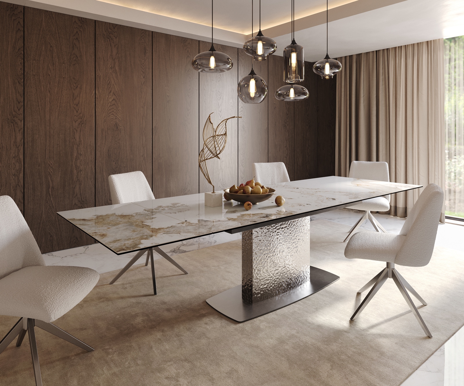 Delife Esstisch Edge 200-300x100 Keramik Minas Melange Weiß-Beige Wave Edelstahl Ausziehbar