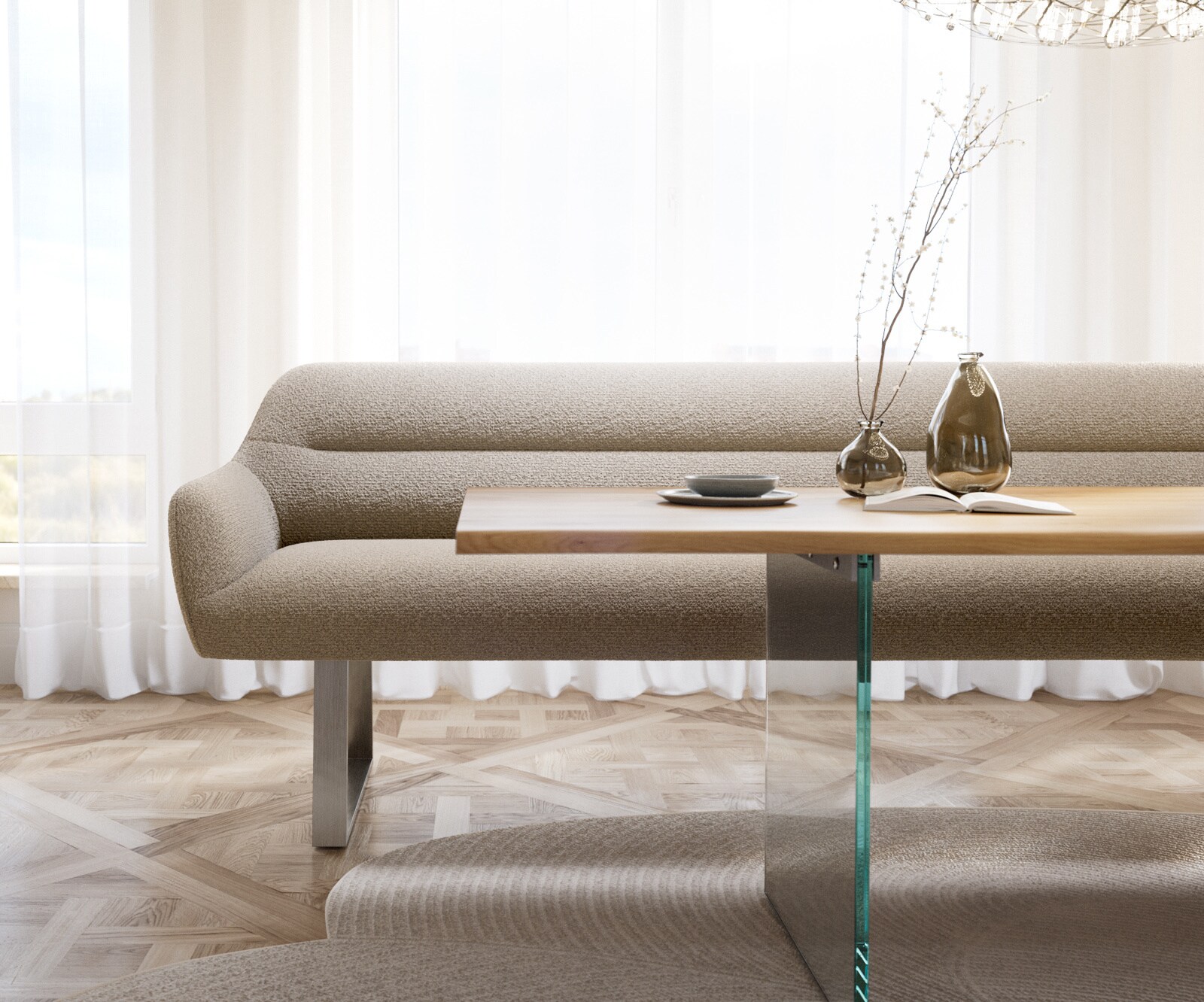 Esszimmerbank Taya-Flex 300 cm Bouclé Schlamm Kufengestell kantig Edelstahl Taschenfederkern 2