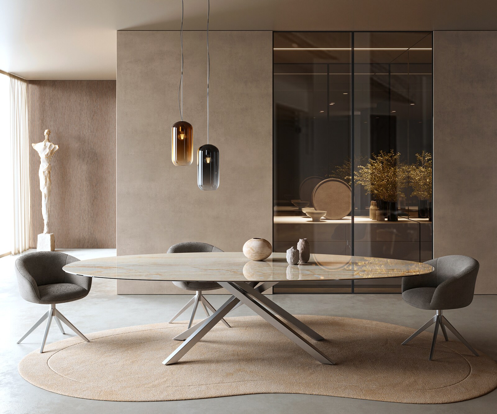 Esstisch Edge Oval 315x150 cm Keramik Iris FMG Onice Oro Kreuzgestell Rechteck Edelstahl 1