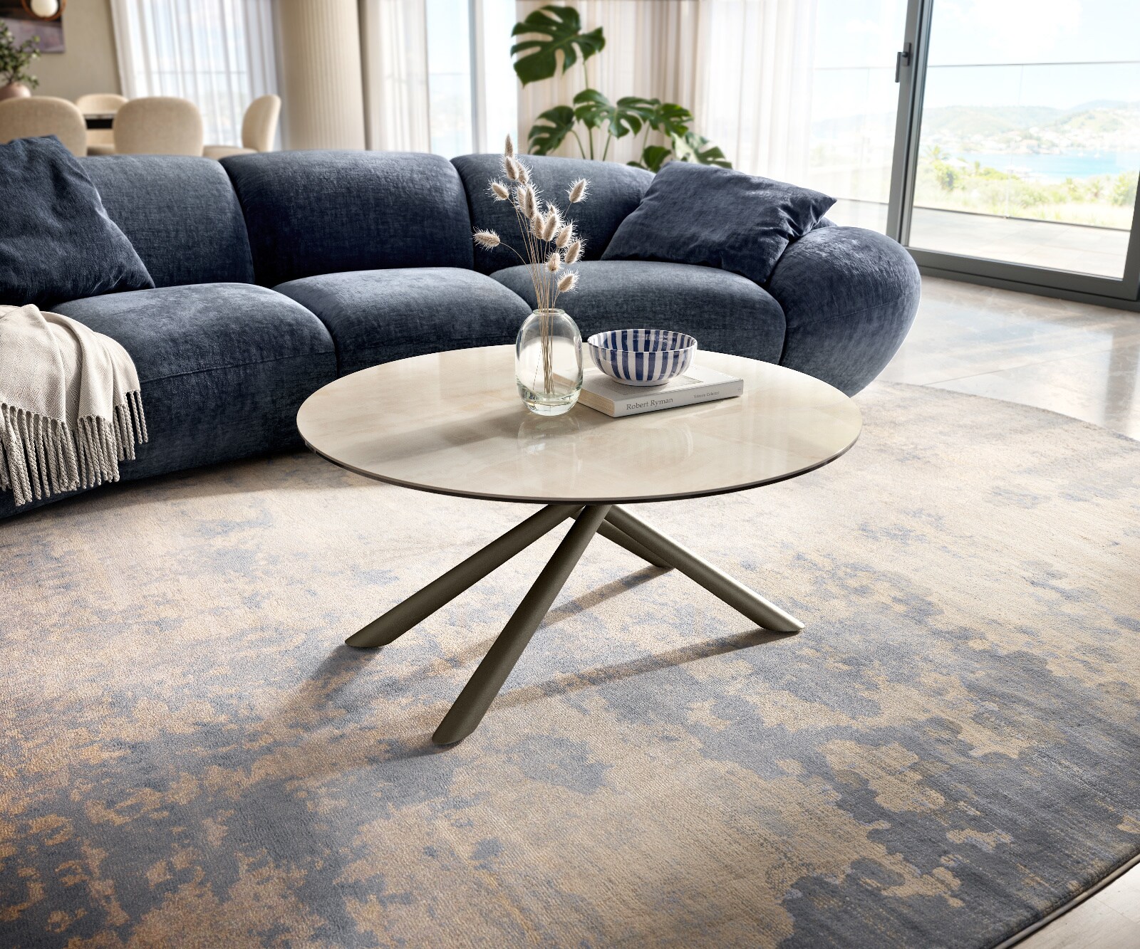 Couchtisch Edge Rund 90x90 cm Keramik Onyx Champagne Sarity Metall Effektfinish Titan