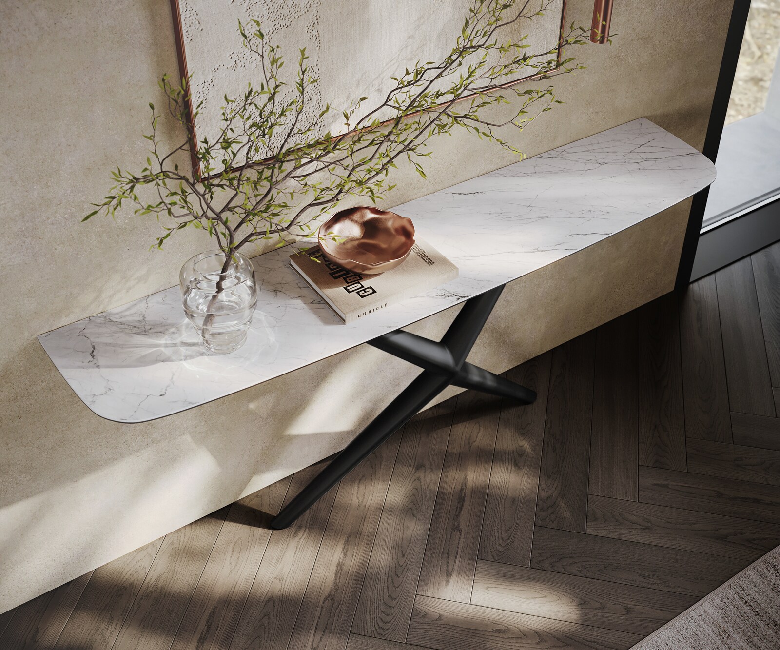 Konsolentisch Edge Boot 180x40 cm Keramik Laminam® Statuarietto Weiß Estelo Metall Schwarz 2