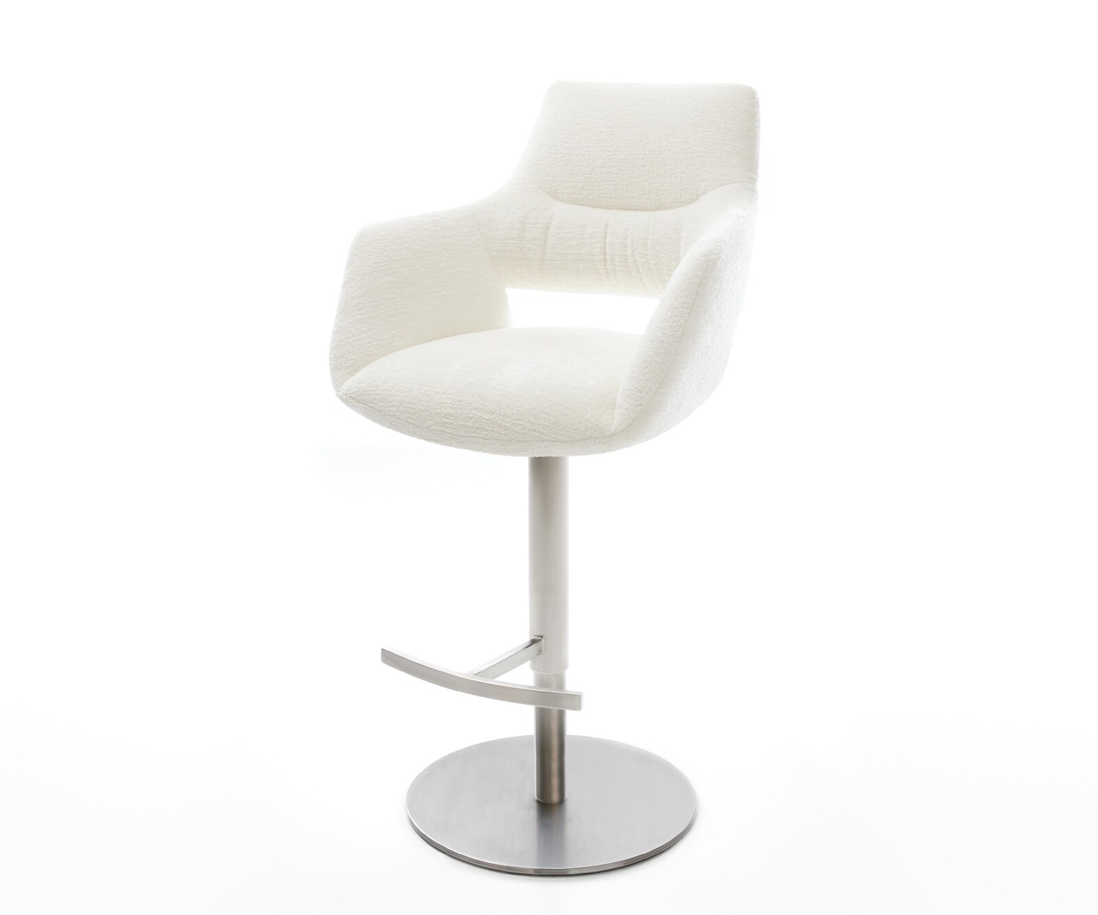 Barstuhl Yago-Flex Bouclé Soft Beige Drehfuß höhenverstellbar Edelstahl Silberfarben Taschenfederkern