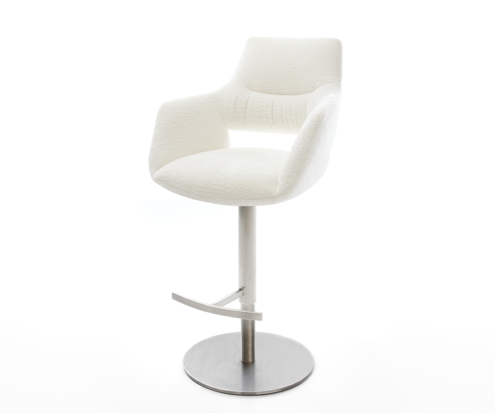 Barstuhl Yago-Flex Bouclé Soft Beige Drehfuß höhenverstellbar Edelstahl Silberfarben Taschenfederkern