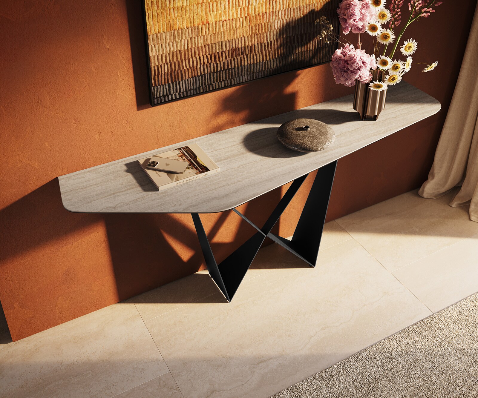 Konsolentisch Edge Polygonal 180x50 cm Keramik Laminam® Travertino Bianco Creme-Weiß Spios Metall Schwarz 1