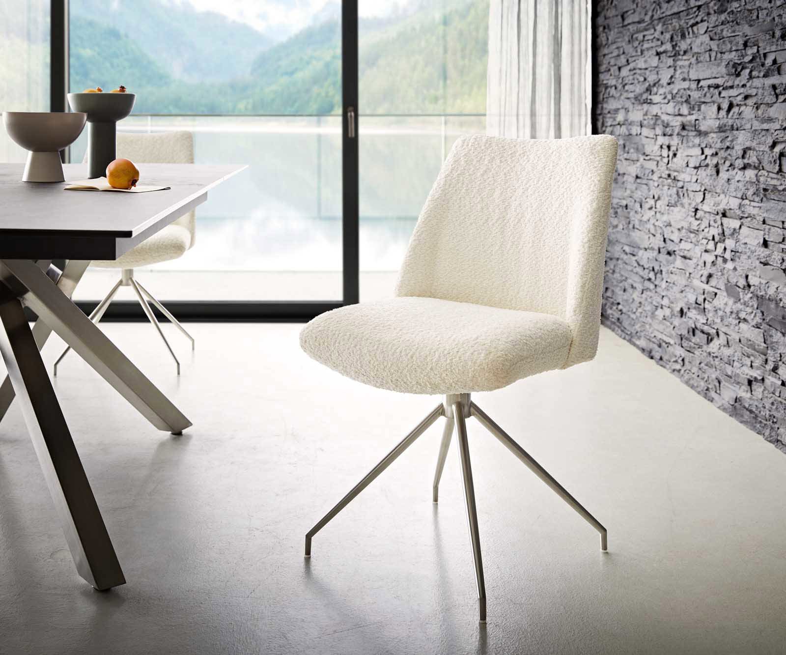 Drehstuhl Elso-Flex Bouclé Weiß Kreuzgestell konisch Edelstahl 180° drehbar Taschenfederkern