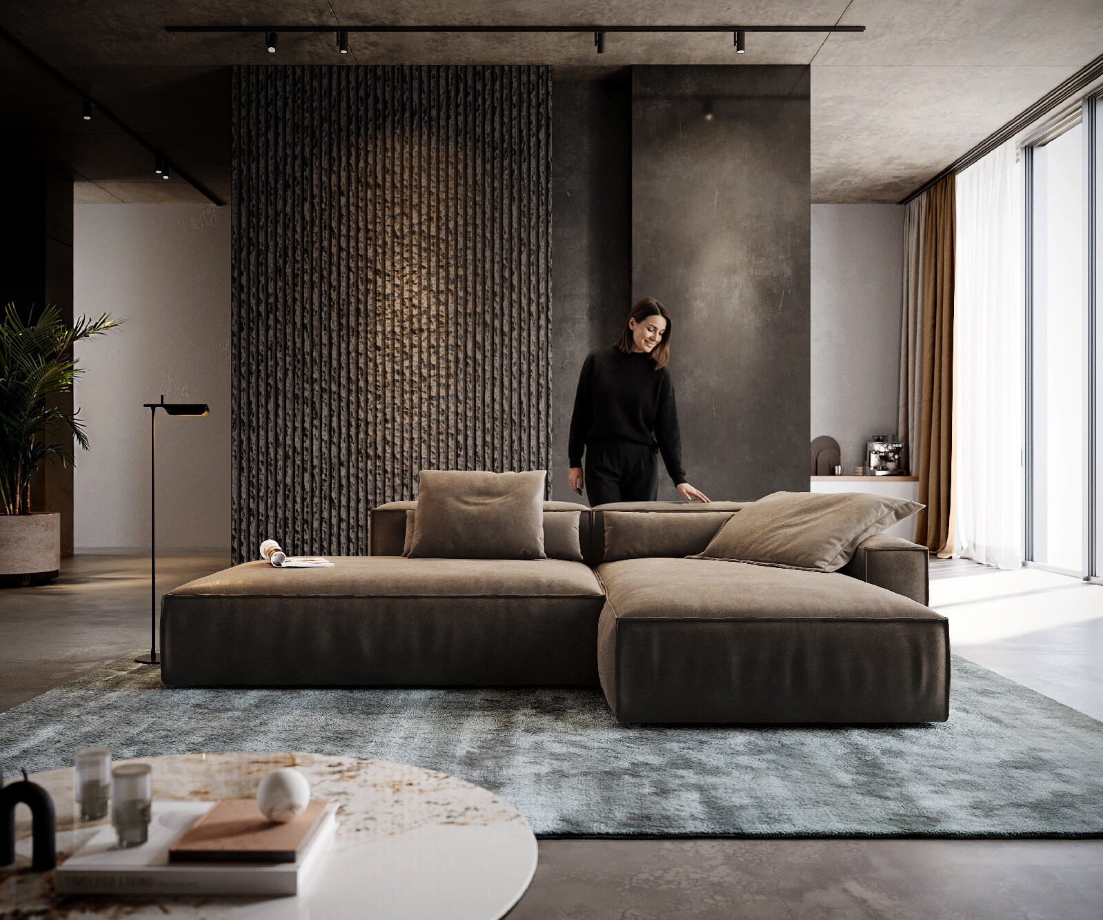 Ecksofa Freestyle 310x200 cm Mikrofaser Taupe Vintage Kedernaht 1