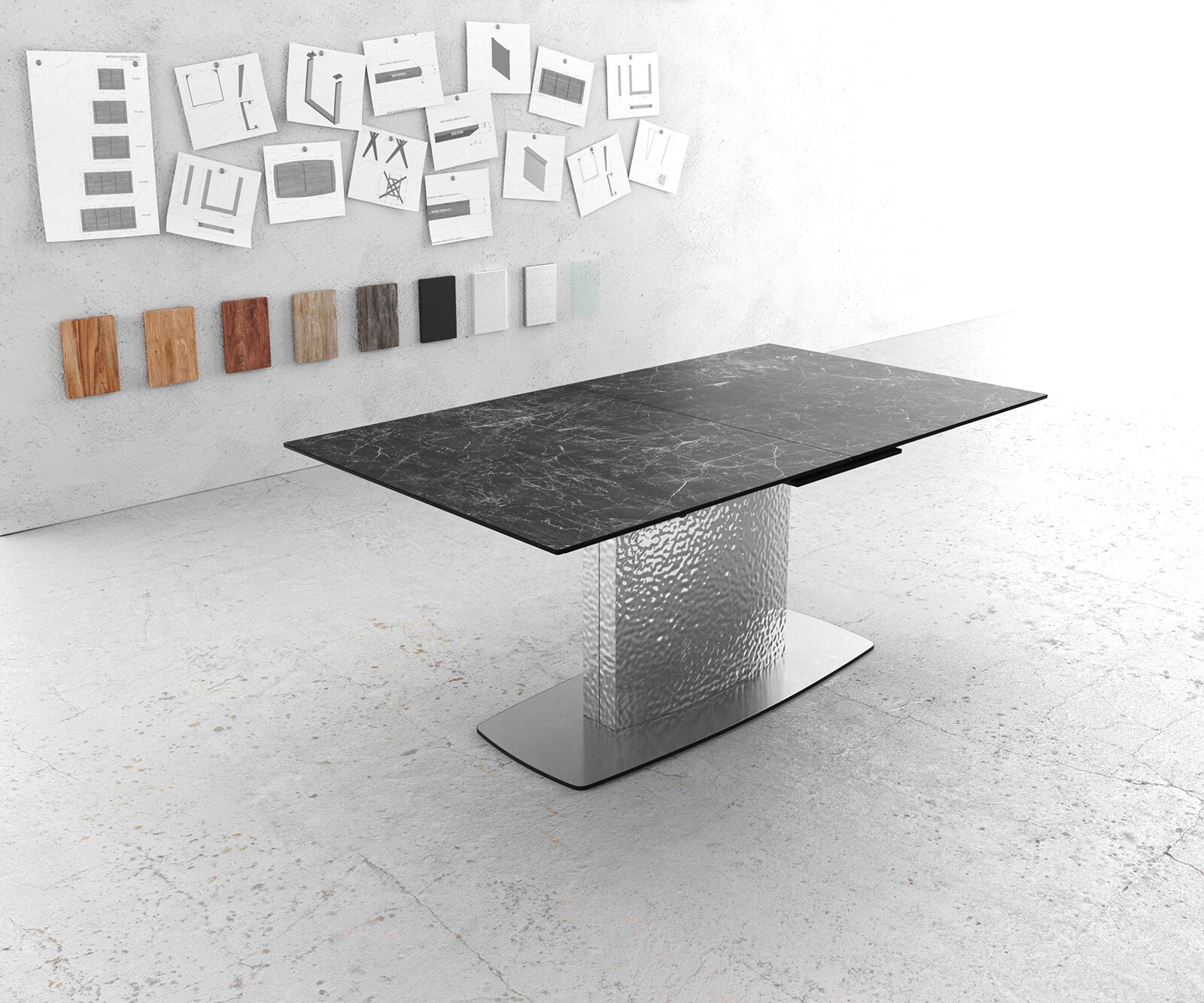 Esstisch Edge 180-220x100 Keramik Laminam®Nero Greco Anthrazit Wave Edelstahl ausziehbar 1