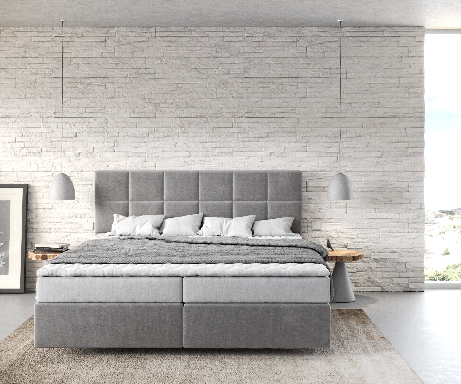 Boxspringbett Dream-Fine 180x200 cm Mikrofaser Grau mit Matratze und Topper 1