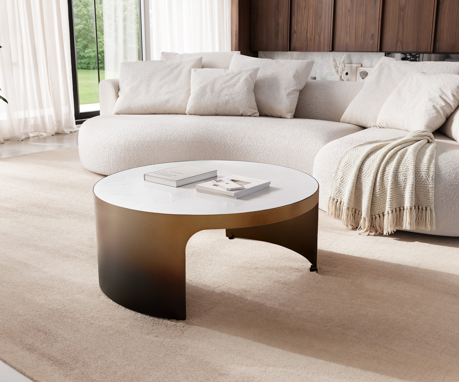 Wohnzimmertisch Alerio Marmor Weiß 90x90 cm Metall Gold Ombre