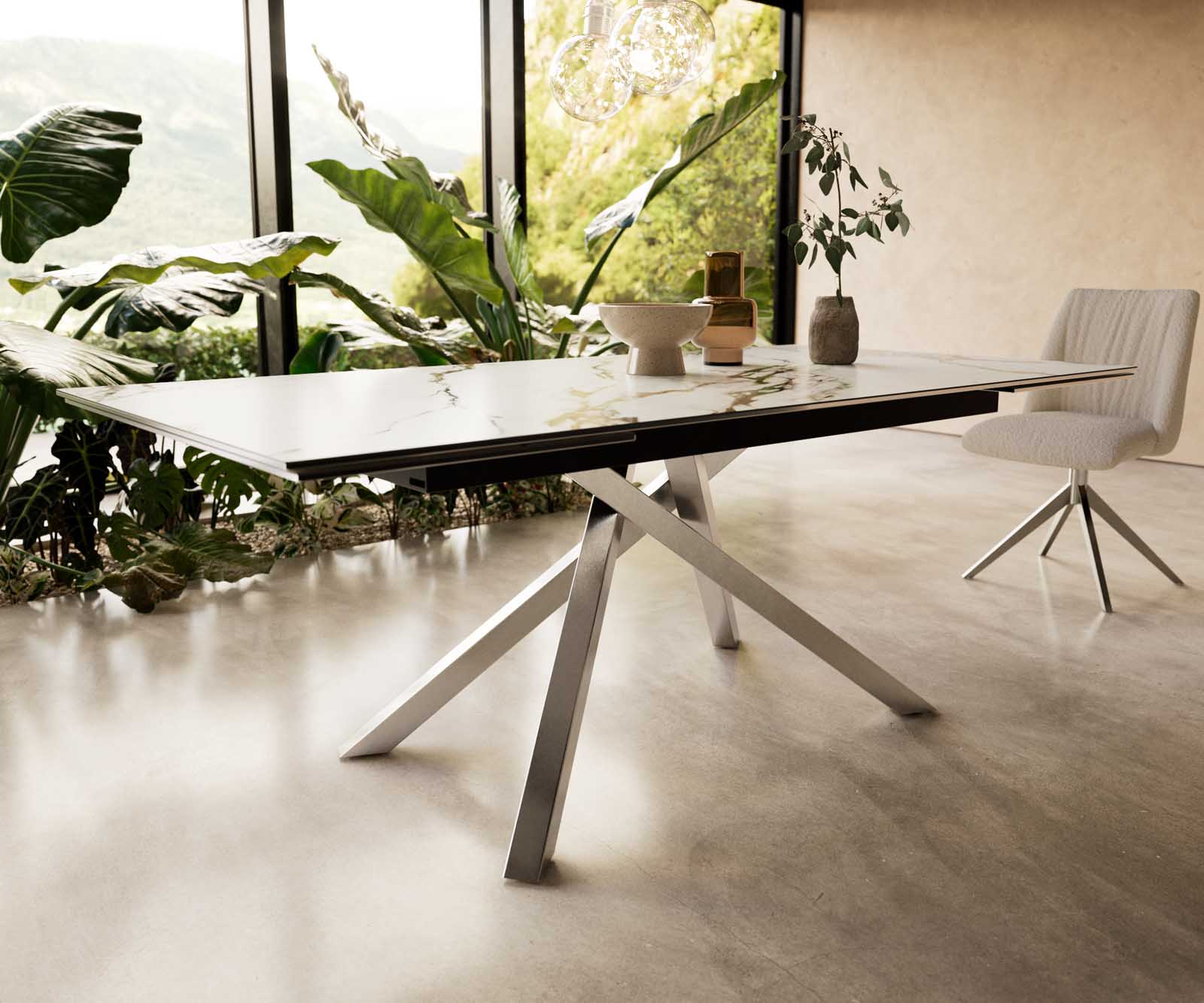 Esstisch Edge 200-300x100 Keramik Calacatta Luxe Weiß-Gold-Grau Kreuzgestell Rechteck Edelstahl ausziehbar 6