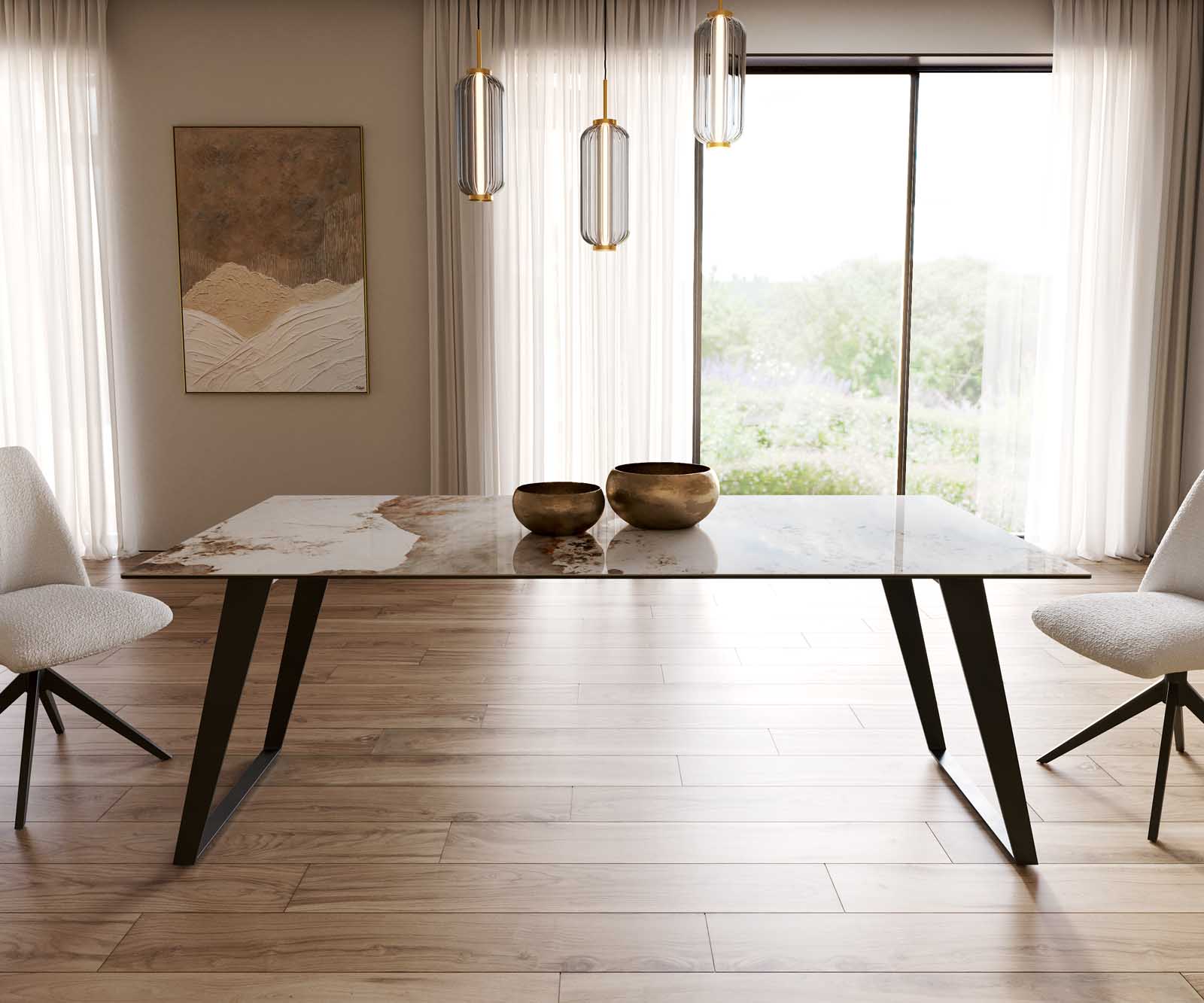 Esstisch Edge 200x100 Keramik Minas Melange Weiß-Beige Metall Schräg Schwarz 1 Esstisch Edge 200x100 Keramik Minas Melange Weiß-Beige Metall Schräg Schwarz 1