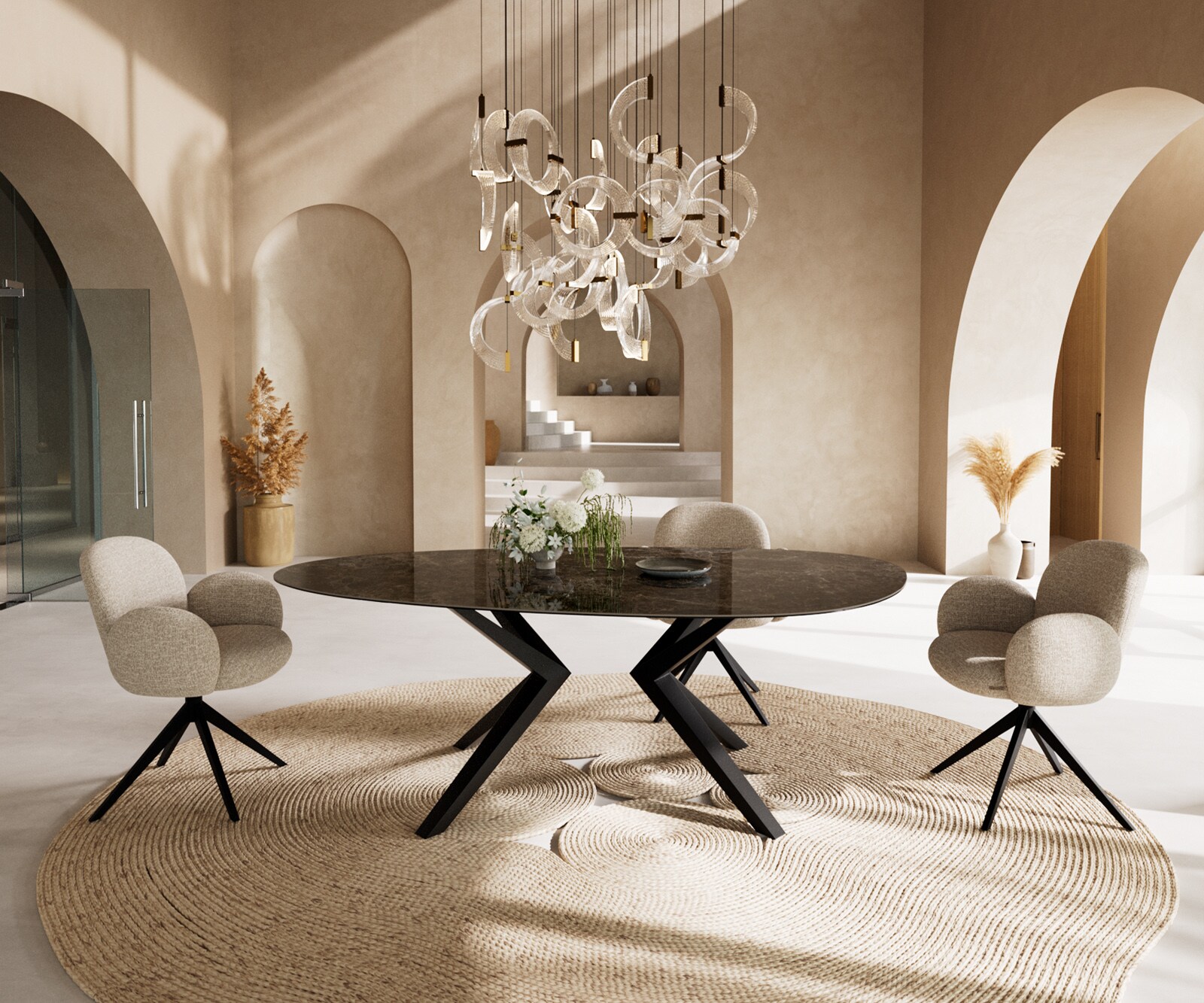Esstisch Edge Oval 220x120 Keramik Laminam®Emperador Extra Lucidato Dunkelbraun Zenthara kantig Metall Schwarz 4