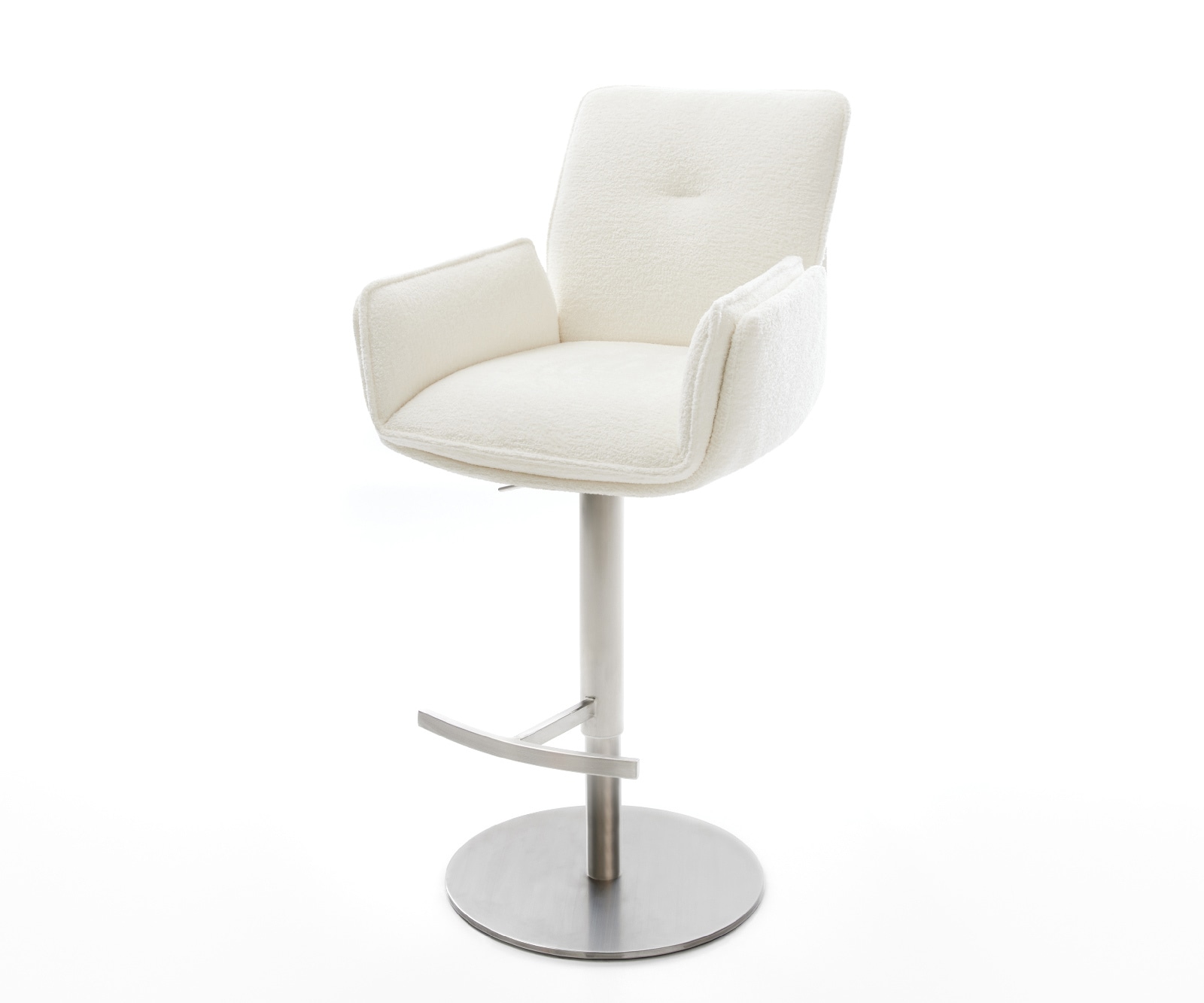 Barstuhl Nela-Flex Bouclé Soft Beige Drehfuß höhenverstellbar Edelstahl Silberfarben