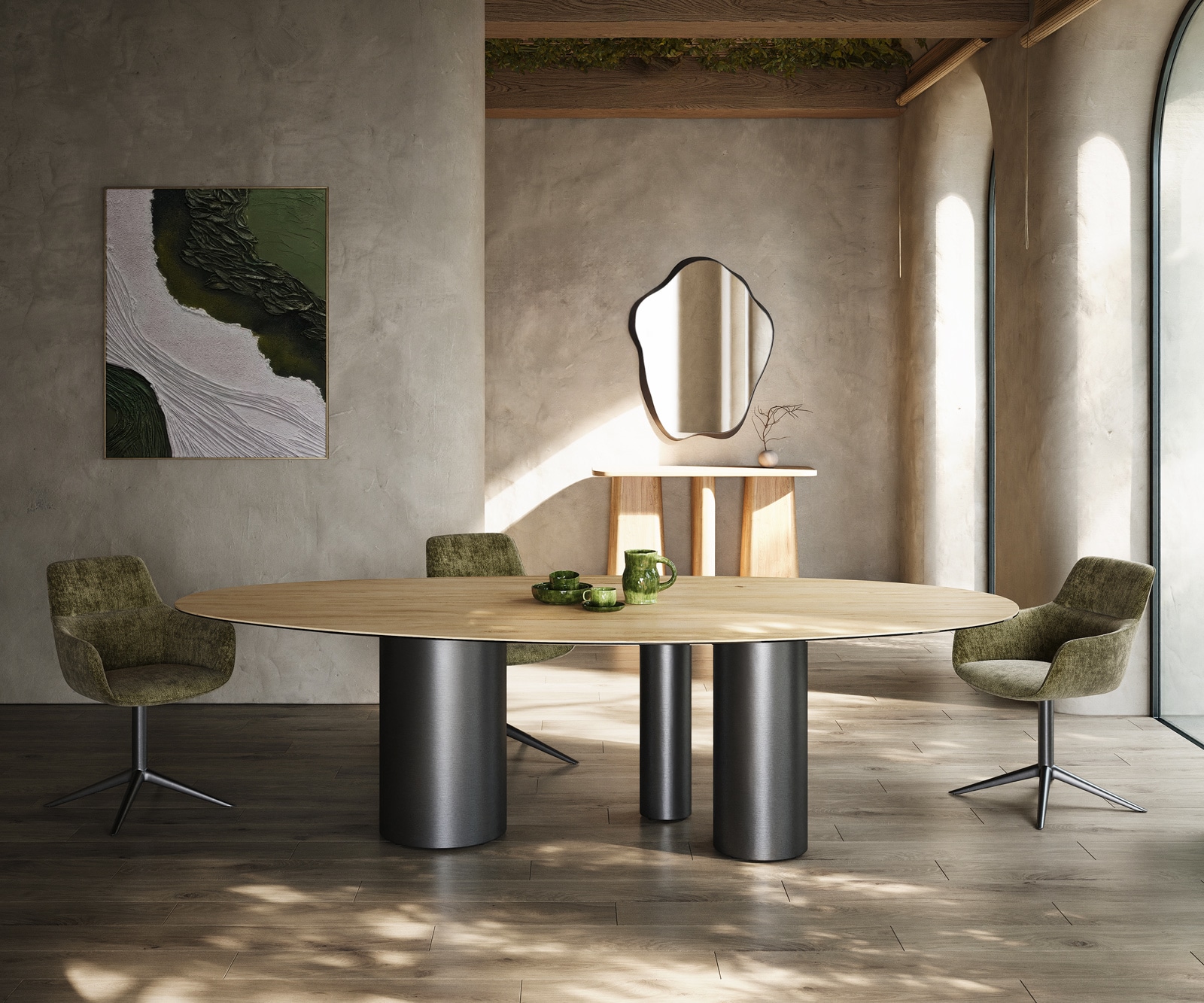 Esstisch Edge Oval 280x130 Keramik Laminam® Sabbia Eichefarbig Troa Edelstahl Graphit 2