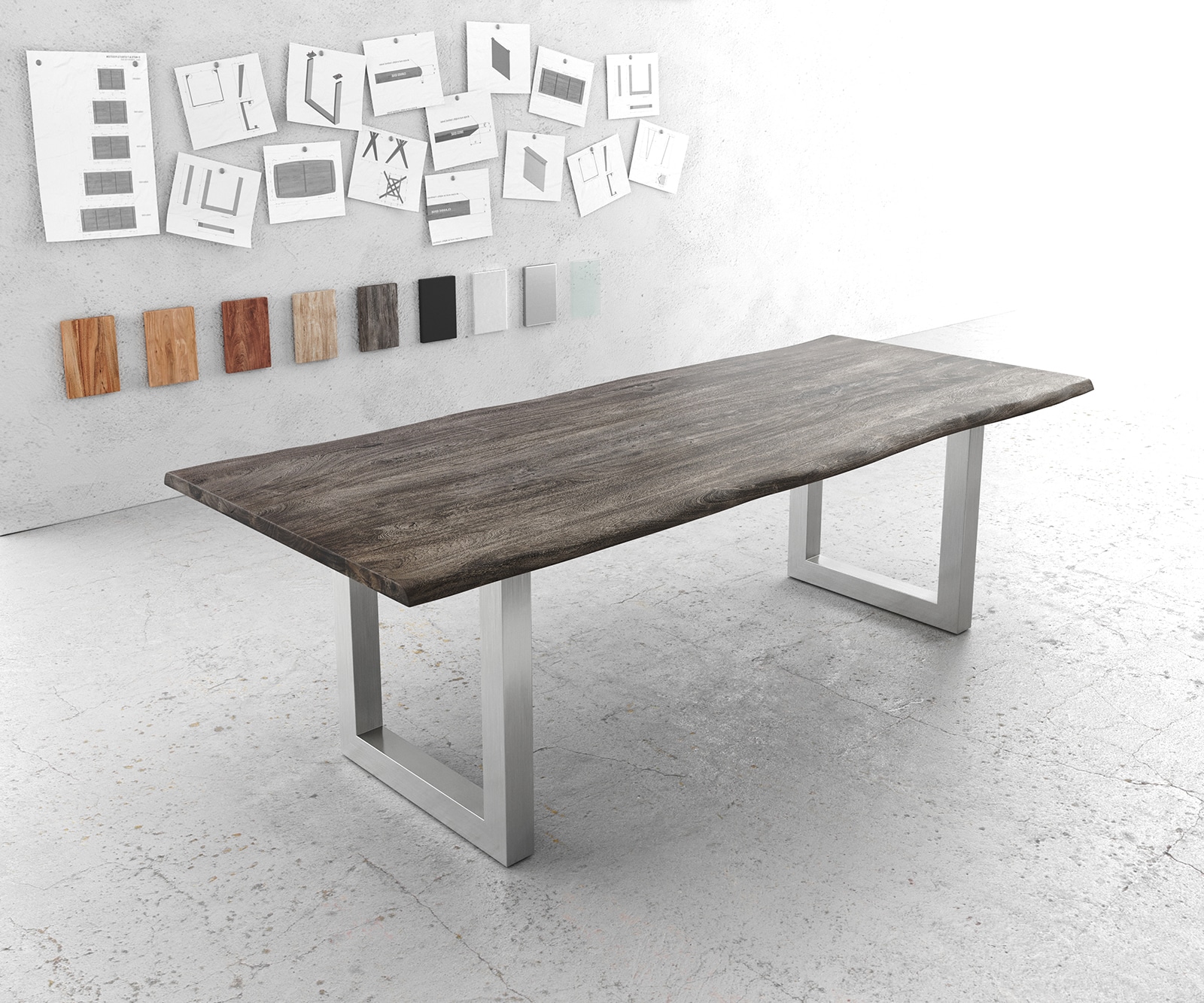 Esstisch Edge 240x100cm Akazie Platin Edelstahl breit Live-Edge