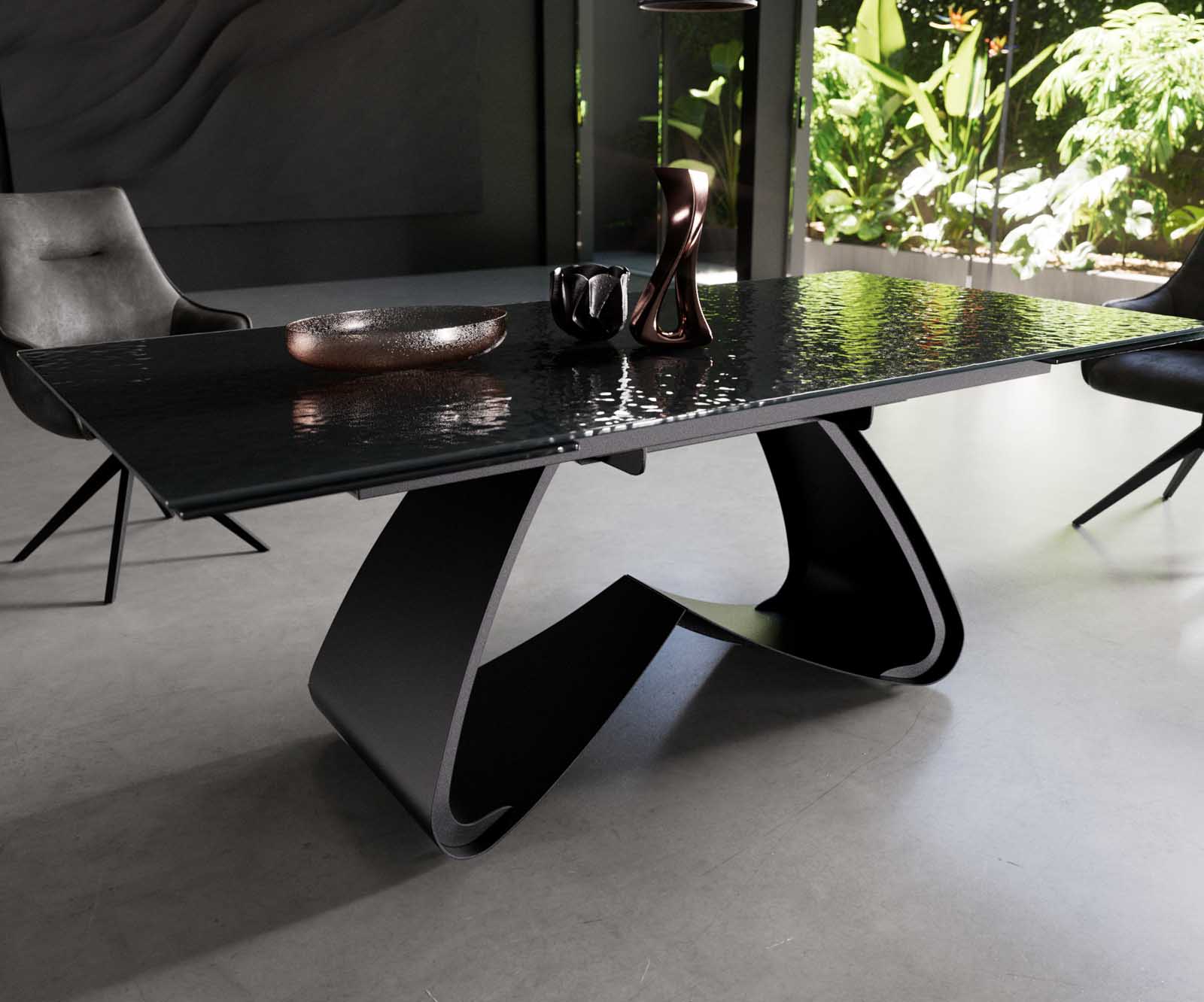 Esstisch Edge 200-300x100 Reliefglas Rauchschwarz 3D-Design W-Gestell Schwarz ausziehbar 4