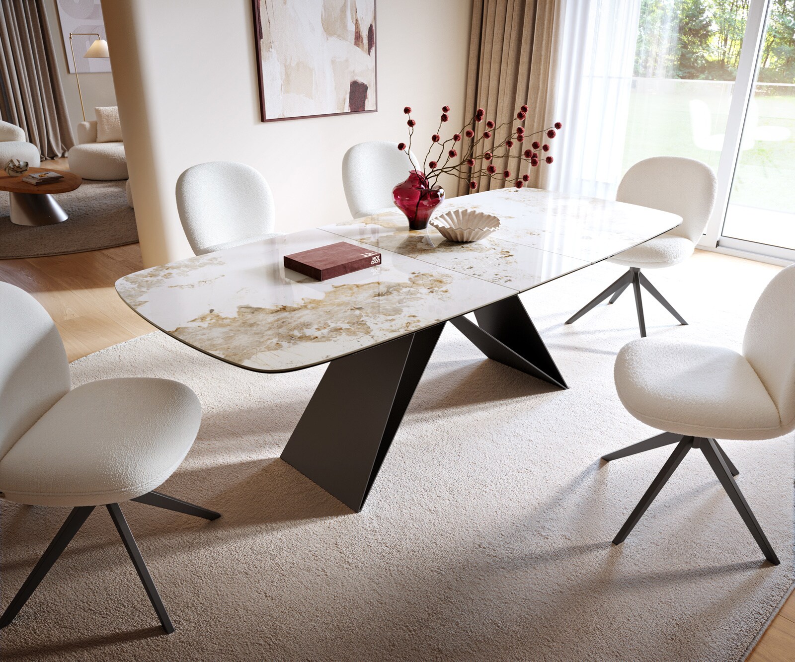 Esstisch Edge Boot 180-220x100 cm Keramik Minas Melange Weiß-Beige V-Gestell Flachstahl Schwarz ausziehbar 5