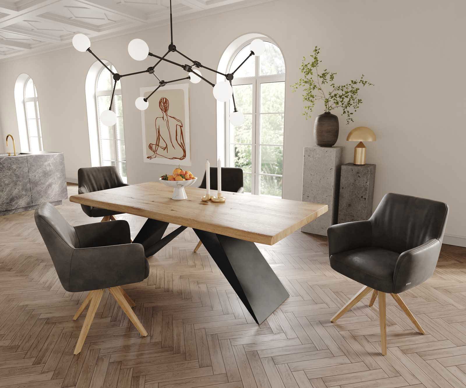 Drehstuhl Xana-Flex mit Armlehnen Mikrofaser Anthrazit Vintage Holzgestell kantig Natur 180° drehbar Taschenfederkern 4