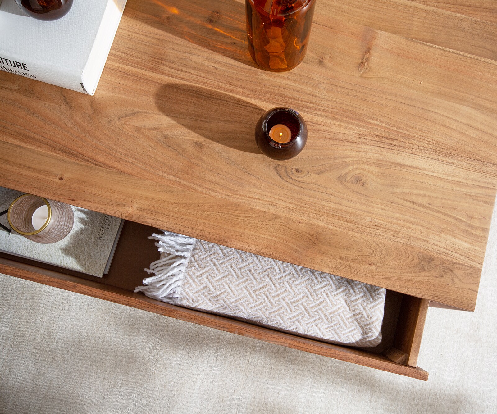 Couchtisch Stonegrace 80x60 cm Akazie Natur 2 Schubladen Steinfurnier 6