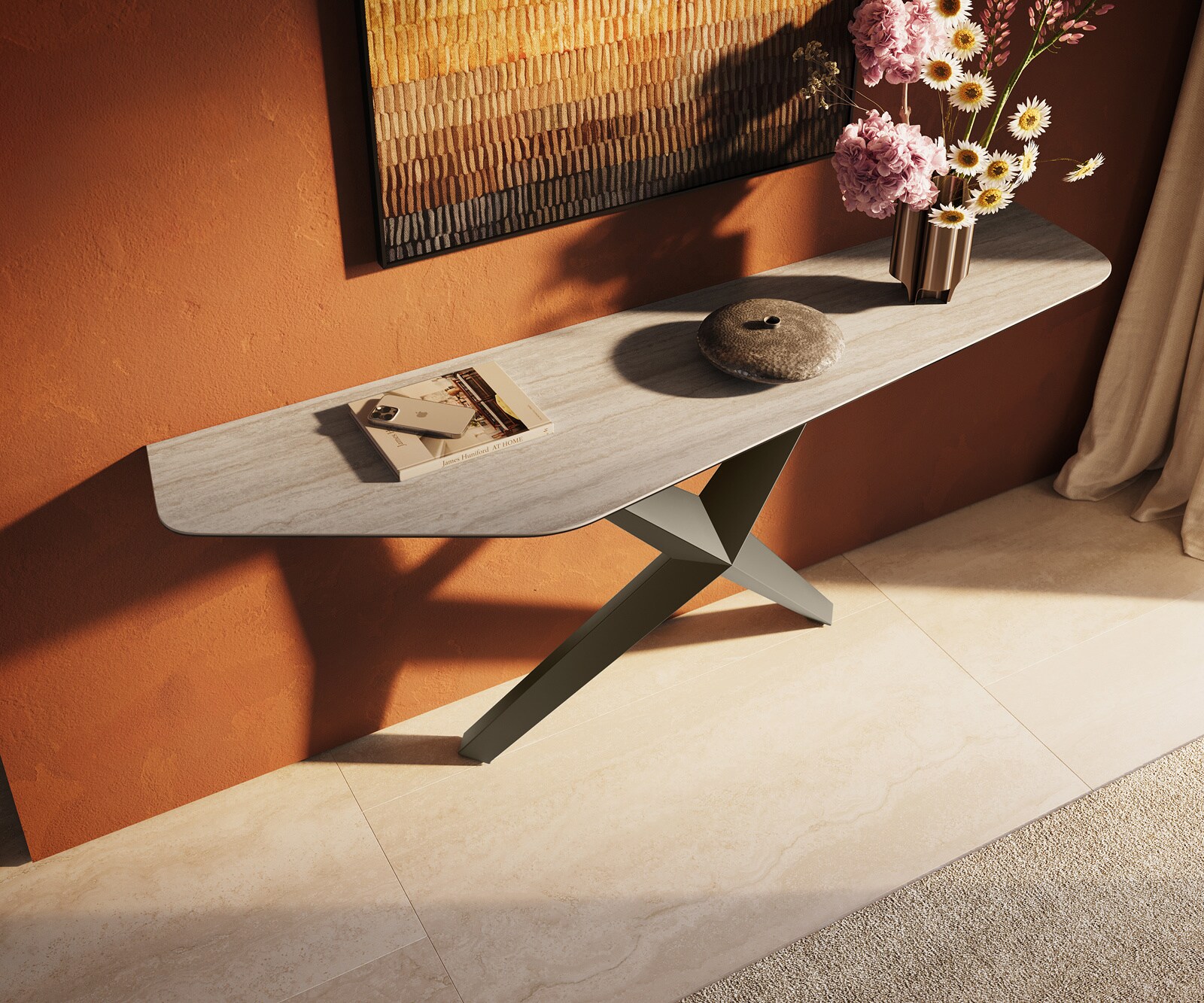 Konsolentisch Edge Polygonal 180x50 cm Keramik Laminam® Travertino Bianco Creme-Weiß Zentharo Metall Effektfinish Titan 1