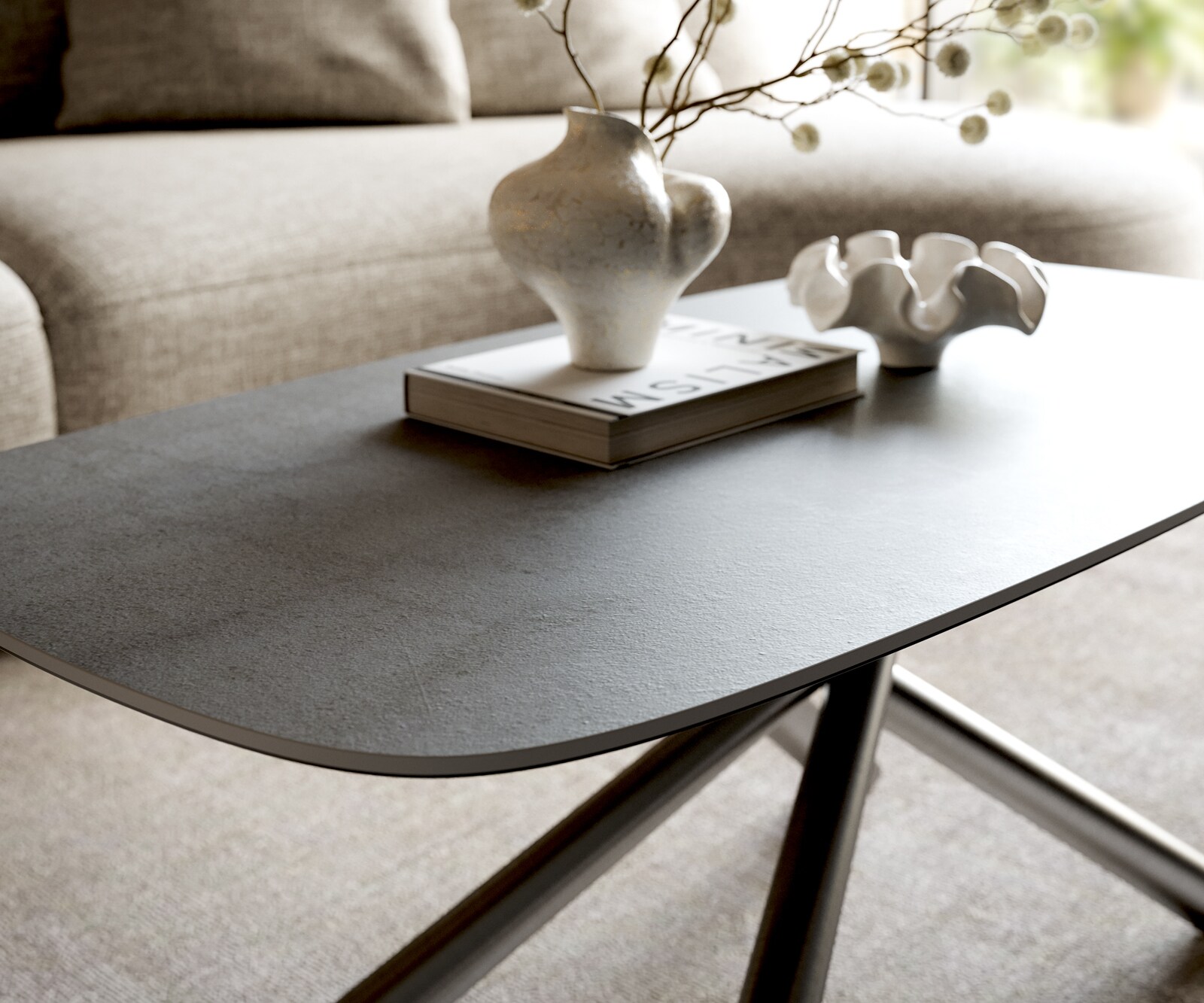 Couchtisch Edge Boot 100x50 cm Keramik Beton Grau Sarity Edelstahl gebürstet 3