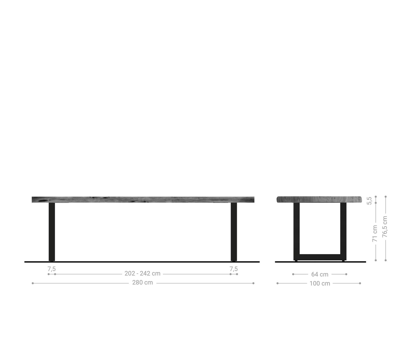 Esstisch Edge 280x100cm XL Akazie Natur Edelstahl breit Live-Edge 5