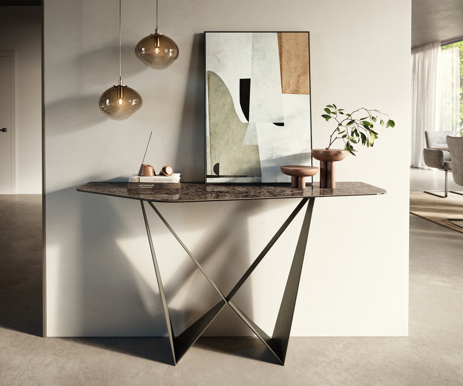 Konsolentisch Edge Polygonal 140x50 cm Keramik Emperador Extra Lucidato Dunkelbraun Spios Metall Effektfinish Titan