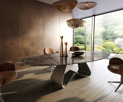 Esstisch Edge Oval 315x150 cm Keramik Emperador Extra Lucidato Dunkelbraun W-Gestell Metall Effektfinish Titan