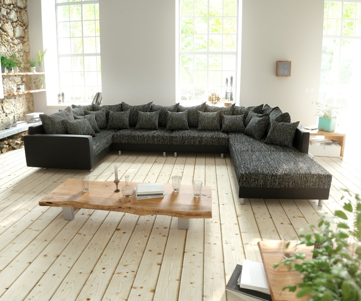 Wohnlandschaft Clovis XL Schwarz Hocker Armlehne Modulsofa 1
