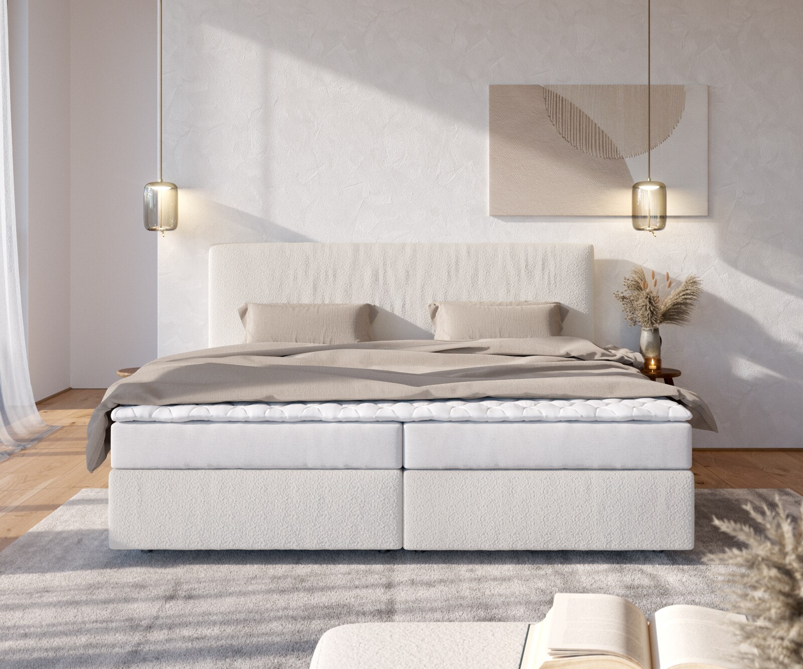 Boxspringbett Dream-Well Bouclé Creme-Weiß 200x200 cm Bonell-Matratze PU-Topper 1