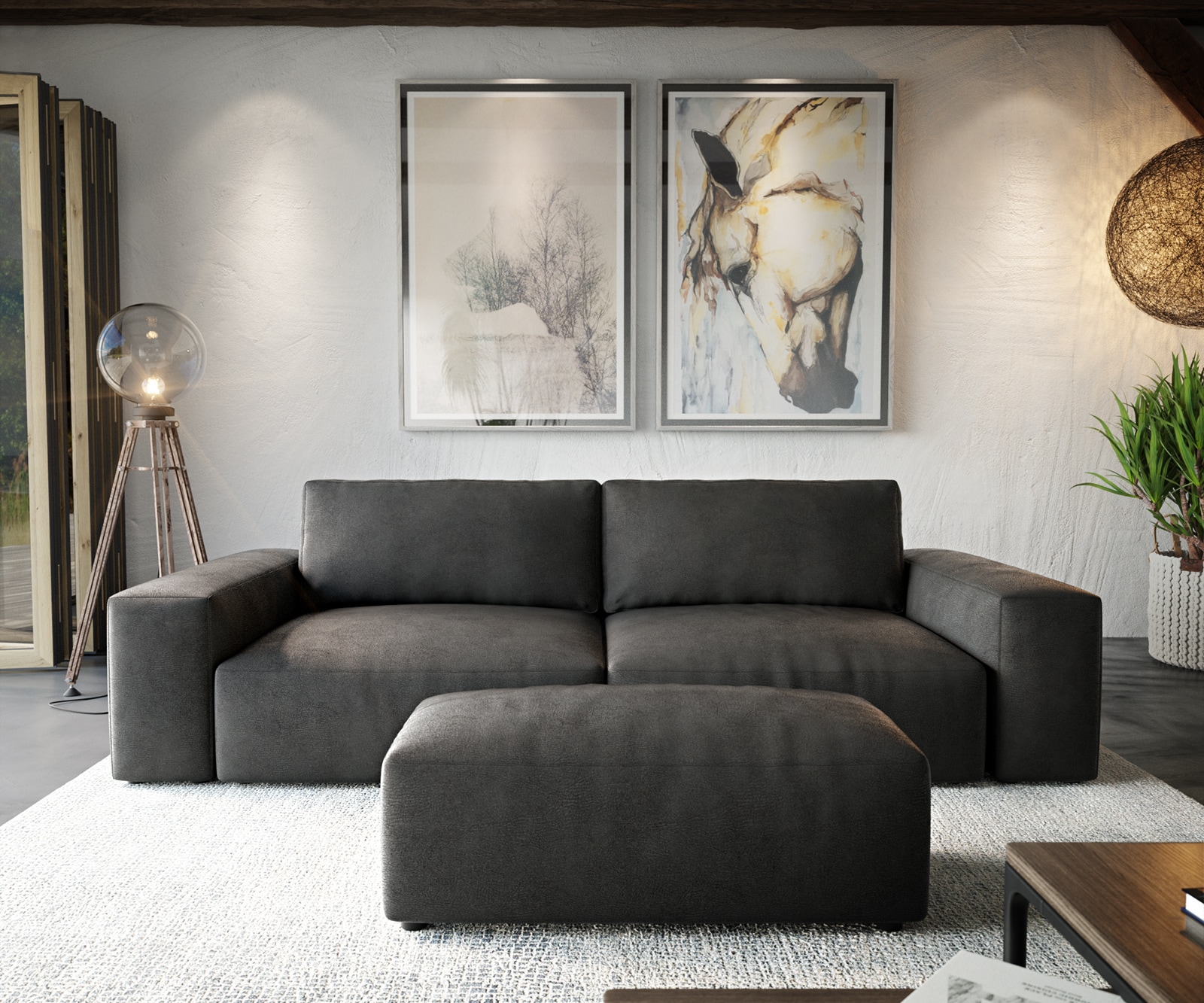 Big-Sofa Lanzo XL 270x130 cm Lederimitat Vintage Anthrazit mit Hocker 1 Big-Sofa Lanzo XL 270x130 cm Lederimitat Vintage Anthrazit mit Hocker 1