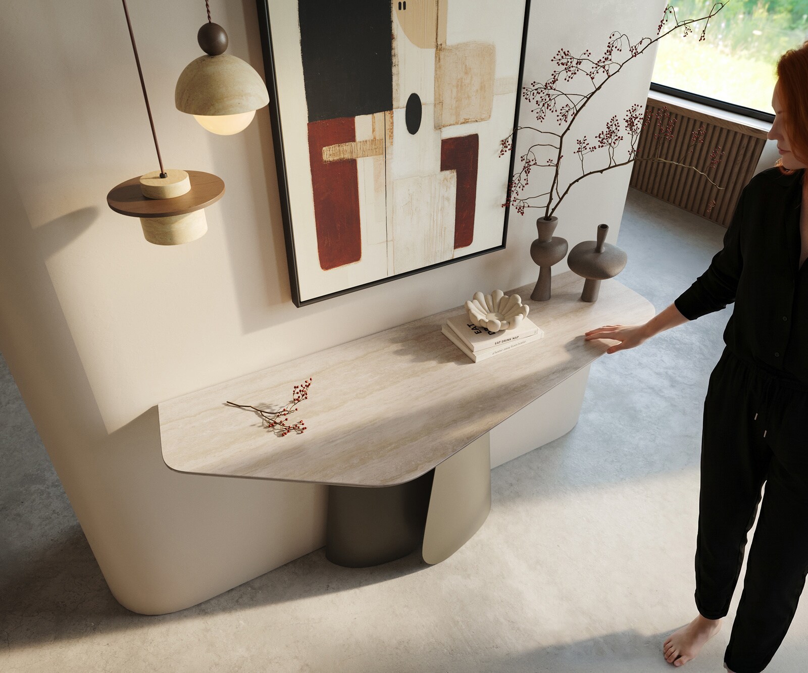 Konsolentisch Edge Polygonal 140x50 cm Keramik Laminam® Travertino Bianco Creme-Weiß Livos Metall Effektfinish Titan 1